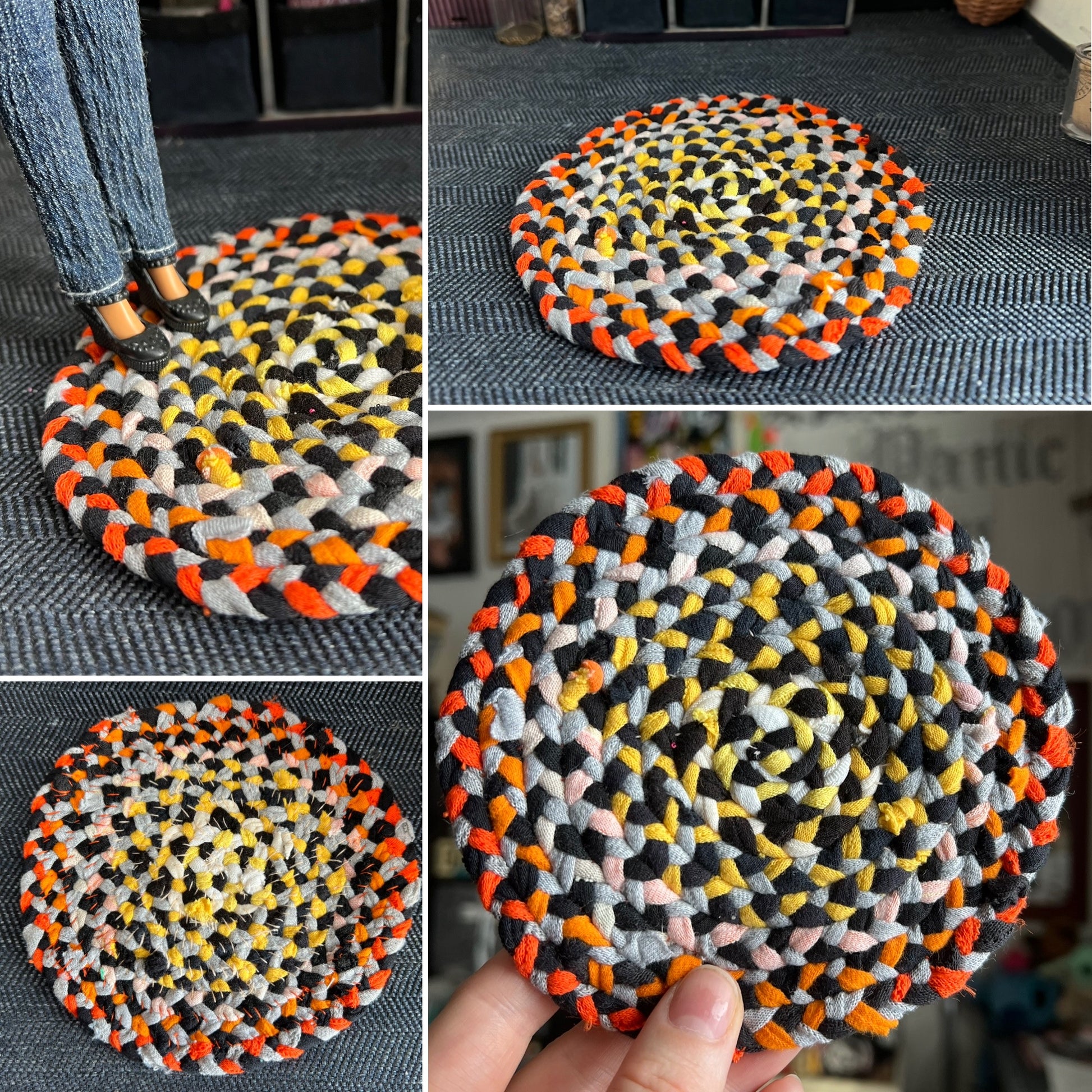 Collage of photos of a miniature braided rug in various settings, showing views of front, back, side, and held in hand for scale. 