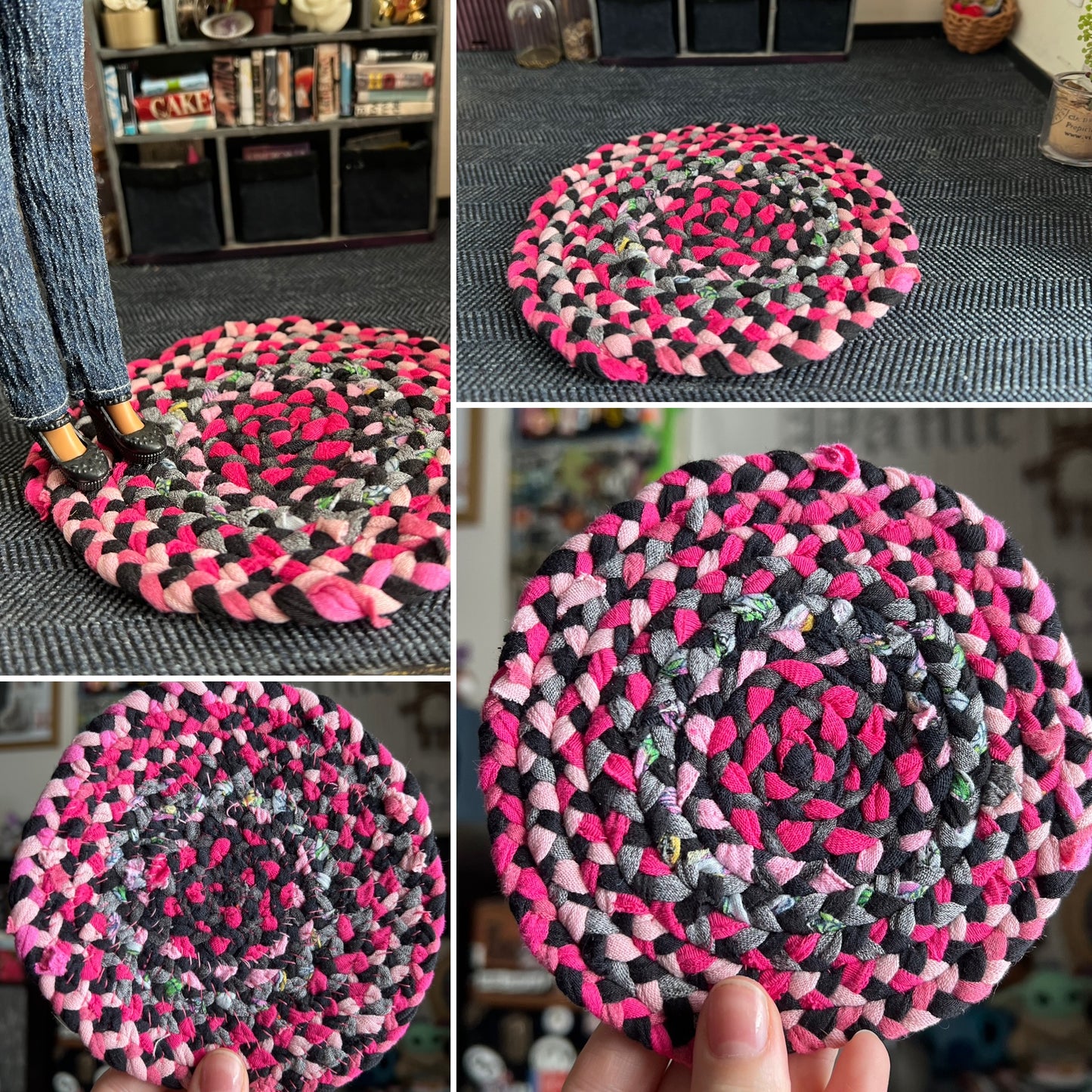 Collage of photos of a miniature braided rug in various settings, showing views of front, back, side, and held in hand for scale. 