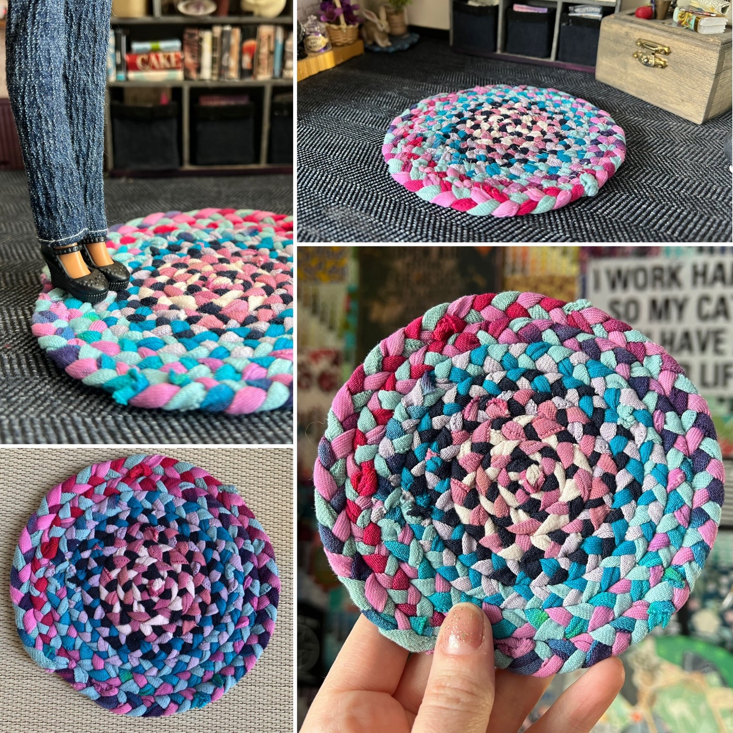 Collage of photos of a miniature braided rug in various settings, showing views of front, back, side, and held in hand for scale. 