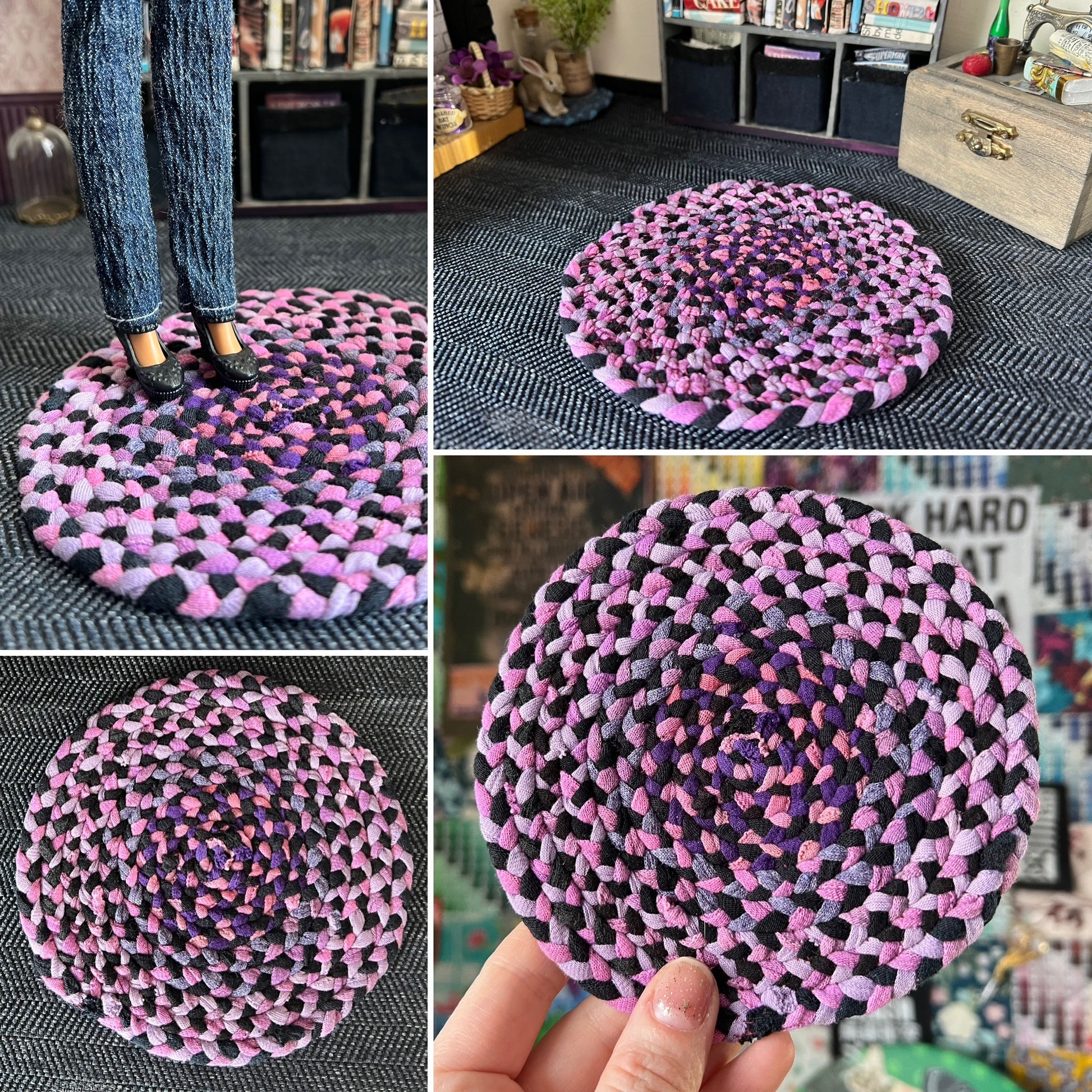 Collage of photos of a colorful braided rug in various settings, showing views of front, back, side, and held in hand for scale. 