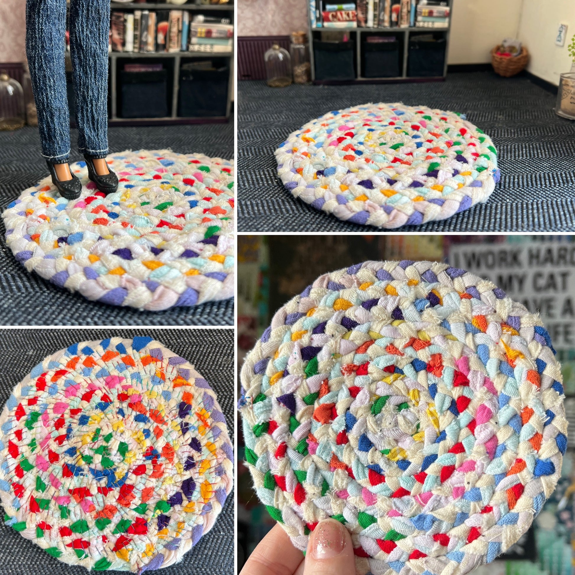 Collage of photos of a colorful braided rug in various settings, showing views of front, back, side, and held in hand for scale. 