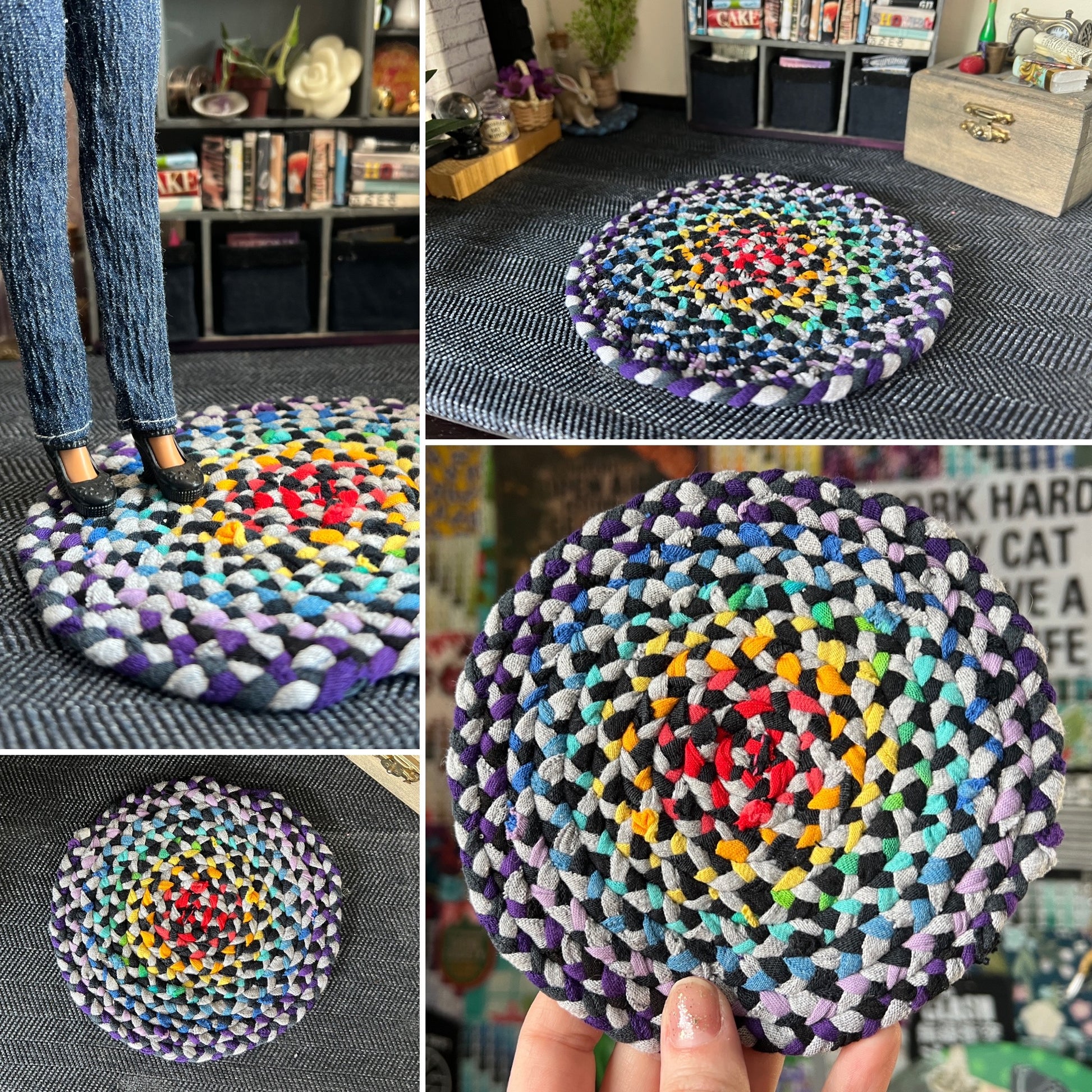 Collage of photos of a miniature braided rug in various settings, showing views of front, back, side, and held in hand for scale. 