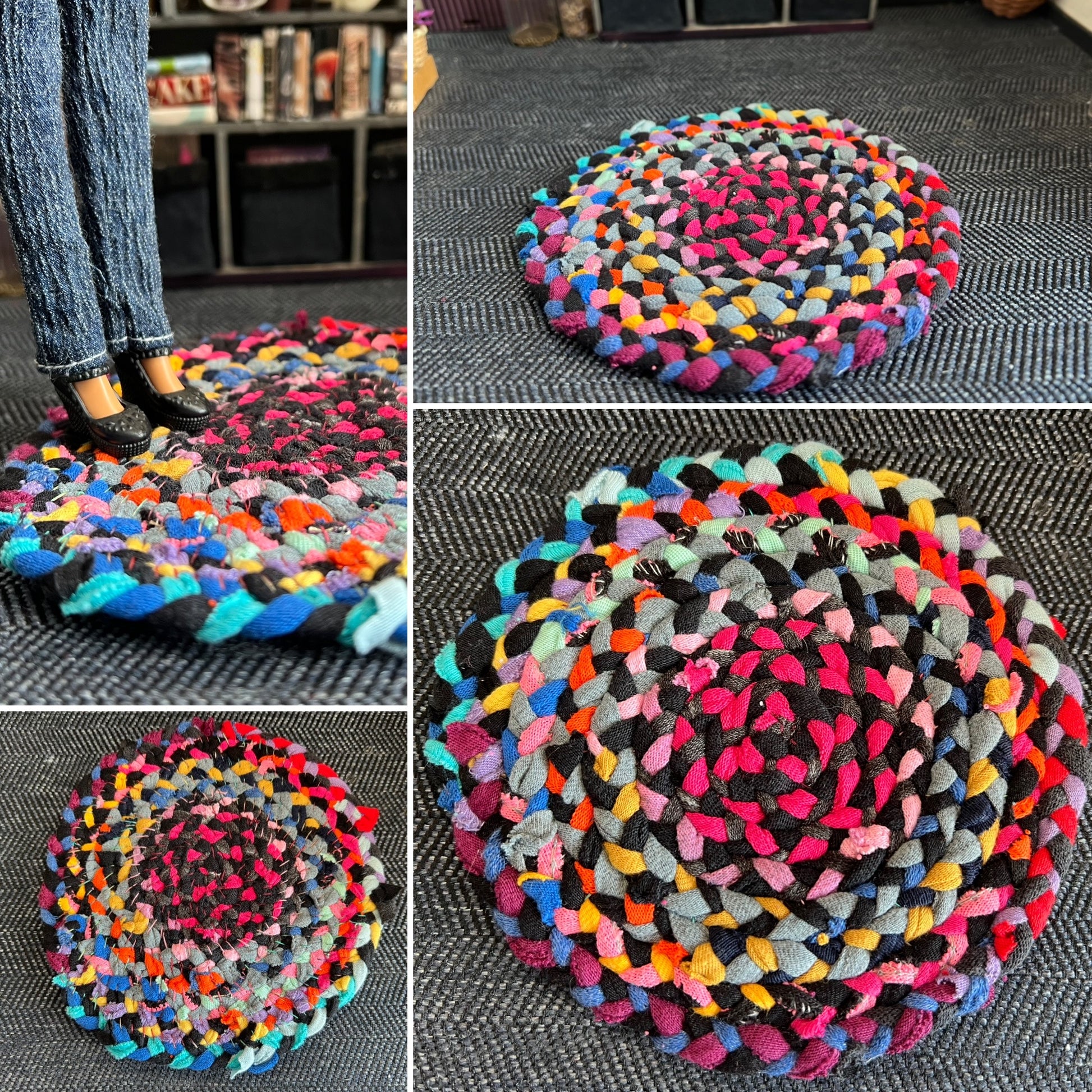 Collage of photos of a miniature braided rug in various settings, showing views of front, back, side, and with doll standing on top.