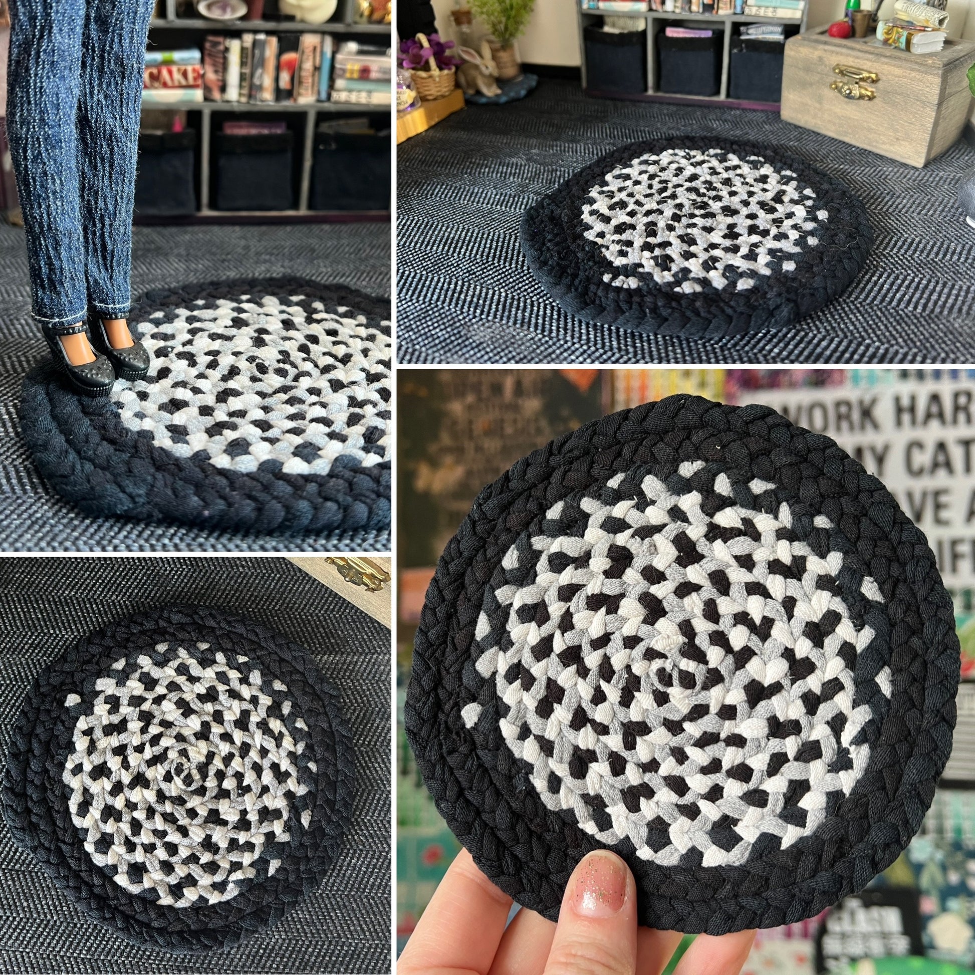 Collage of photos of a miniature braided rug in various settings, showing views of front, back, side, and held in hand for scale. 