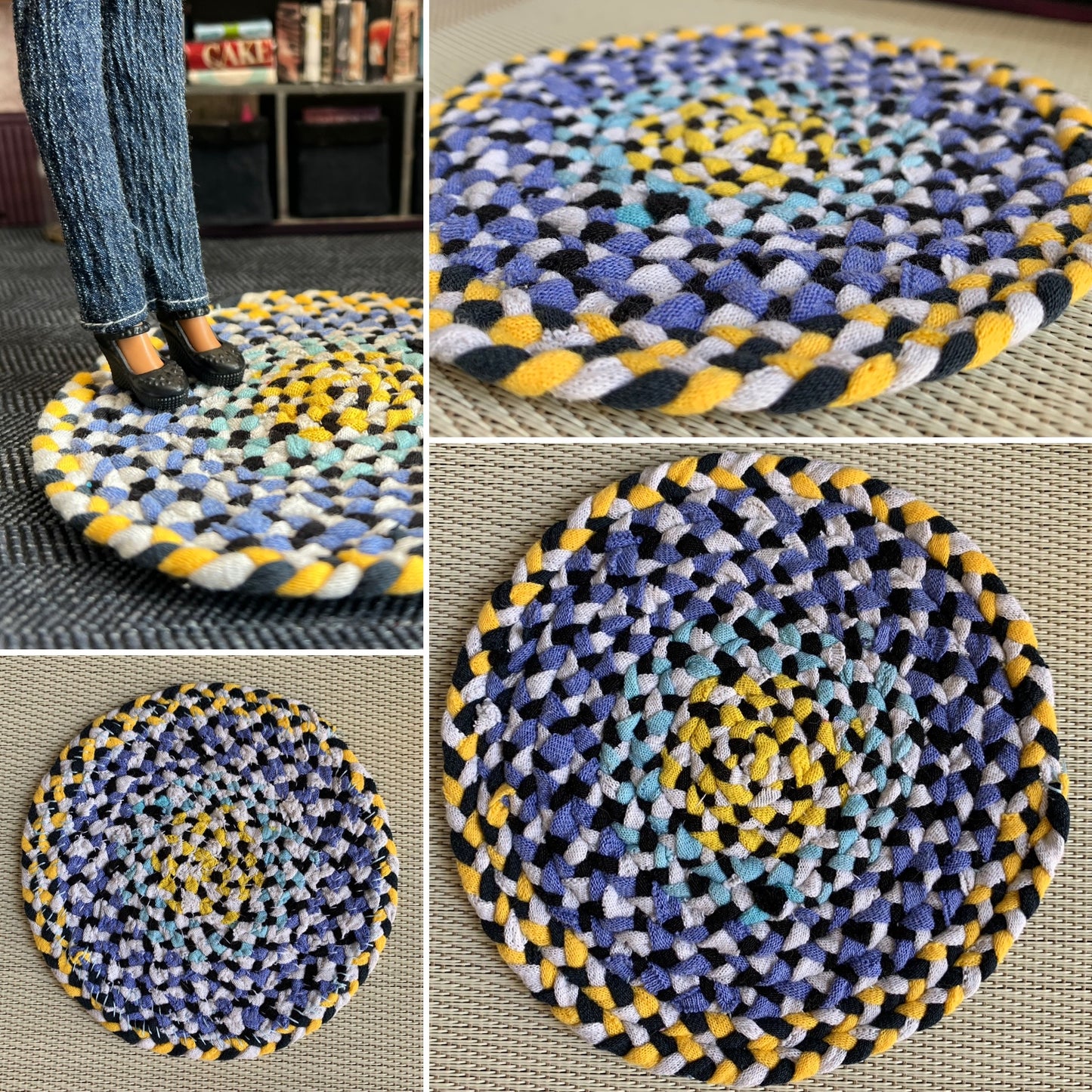 Collage of photos of a miniature braided rug in various settings, showing views of front, back, side, and with doll standing on top.