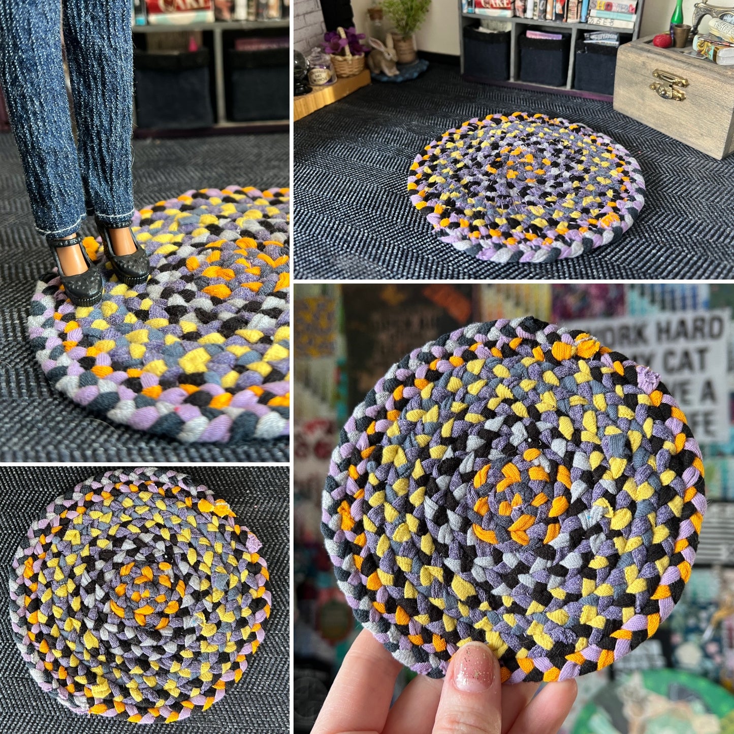 Collage of photos of a miniature braided rug in various settings, showing views of front, back, side, and held in hand for scale. 
