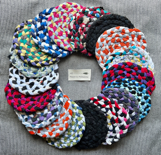 Coasters - Handbraided & Handsewn -  Washable Reusable - Set of One