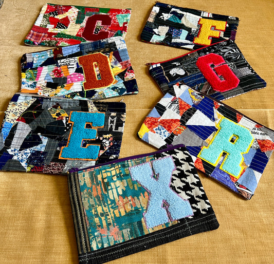 Zipper Pouch - Varsity Letter Alphabet - Scrappy and Upcycled