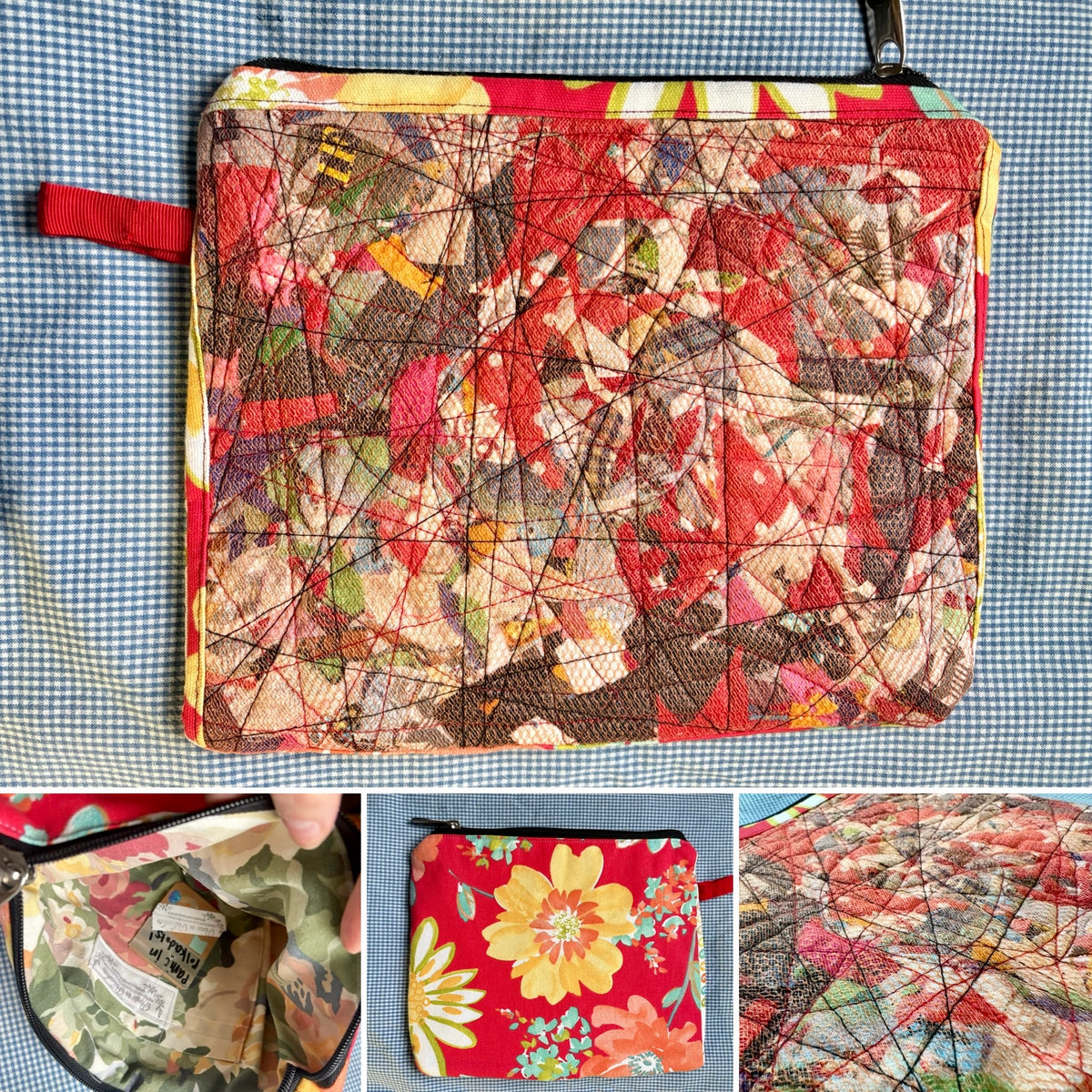 Ipad or Tablet Case Zipper Pouch - Quilted Tiny Scraps, Upcycled Market Bag or Designer Fabrics