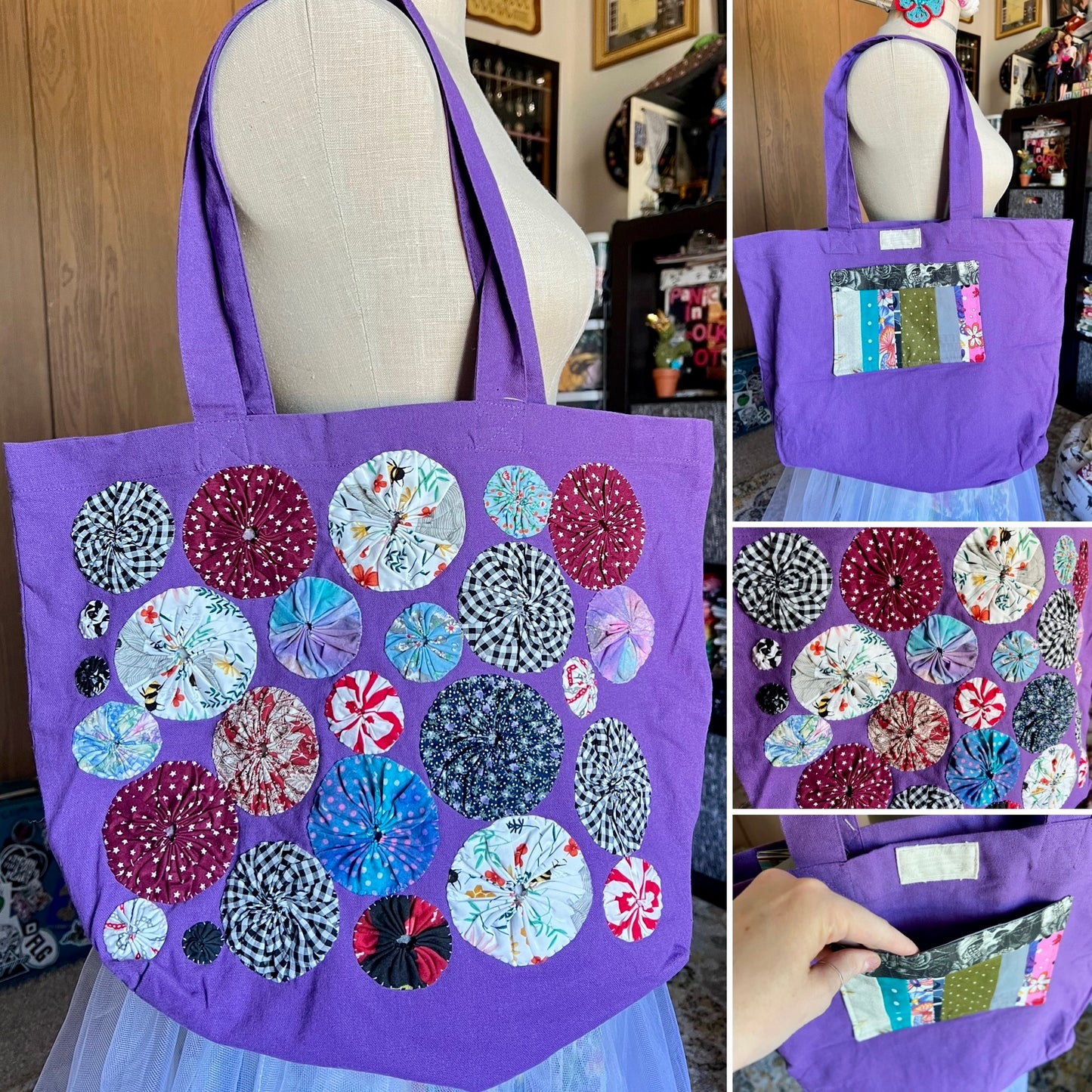 Perfectly Imperfect Tote Bags - Large Quilted - Bright Yoyos - Denim or Khaki Patchwork