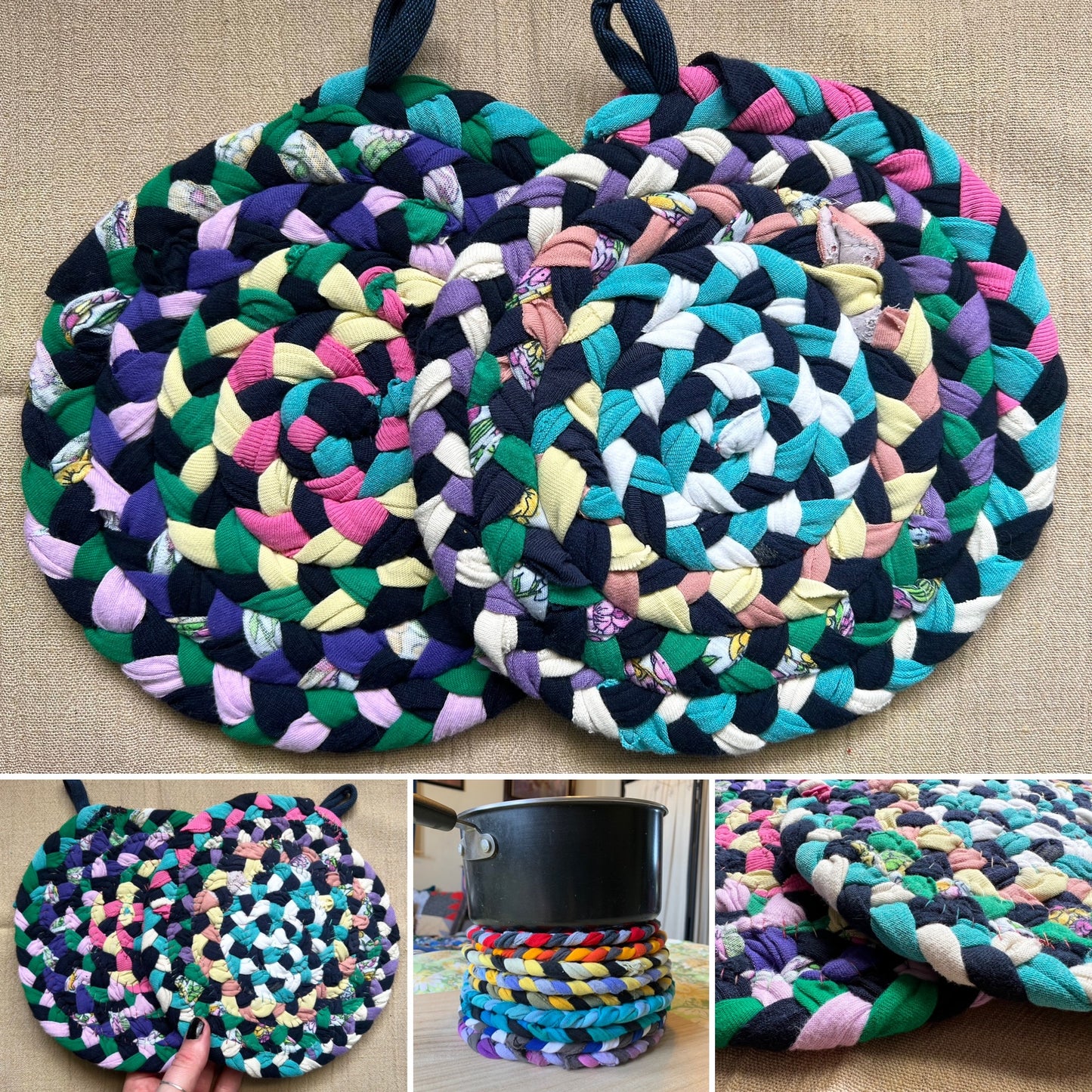 Fruity Rainbow Trivet Potholders - Handbraided & Handsewn - Set of Two