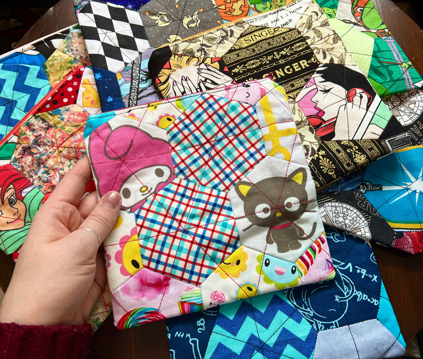 Hexie Pouch - Handsewn Fabric Zipper Pouch - Upcycled Reusable Bag Zip Pouch