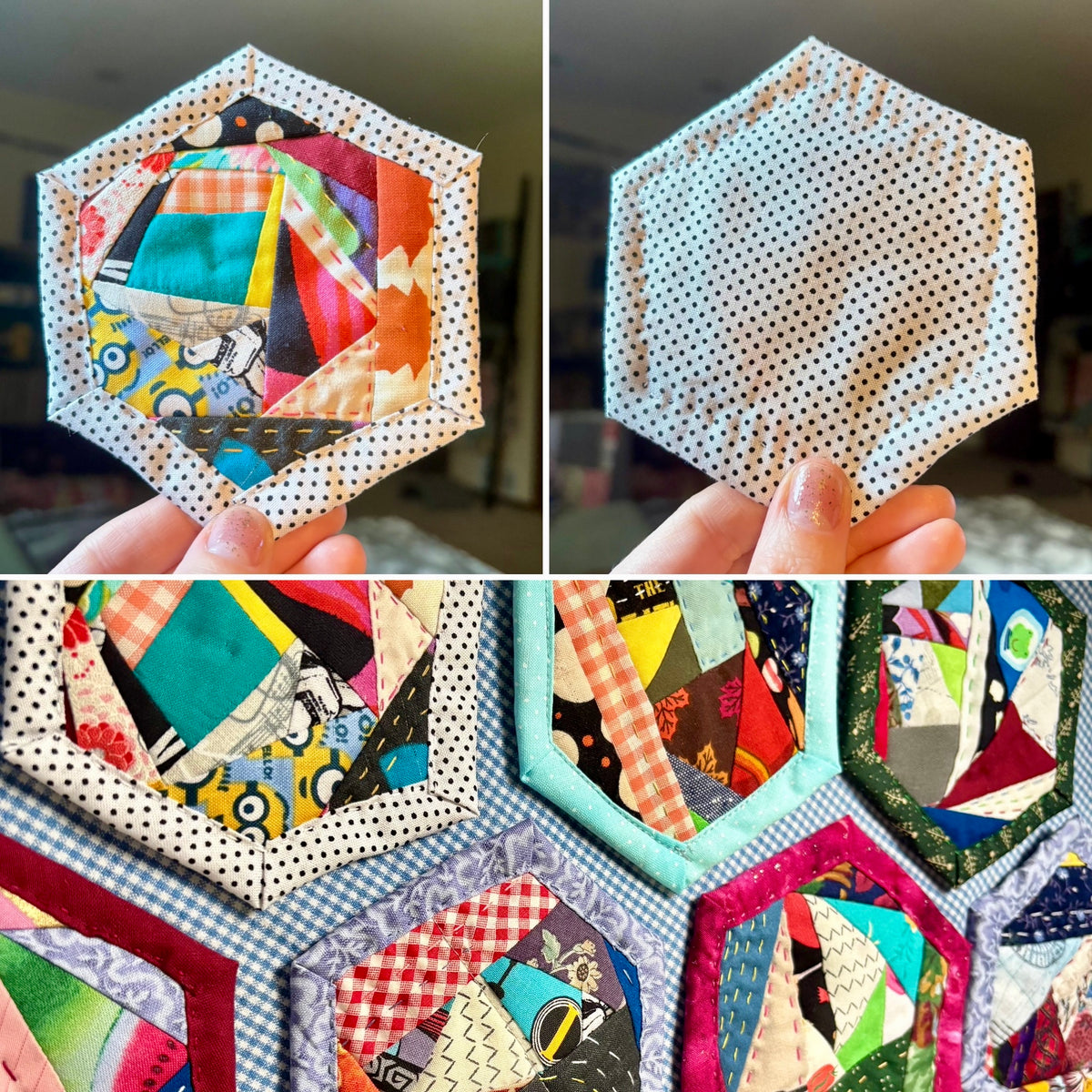 Quilted Coaster - Washable and Reusable - Squares or Hexagons -  Set of One