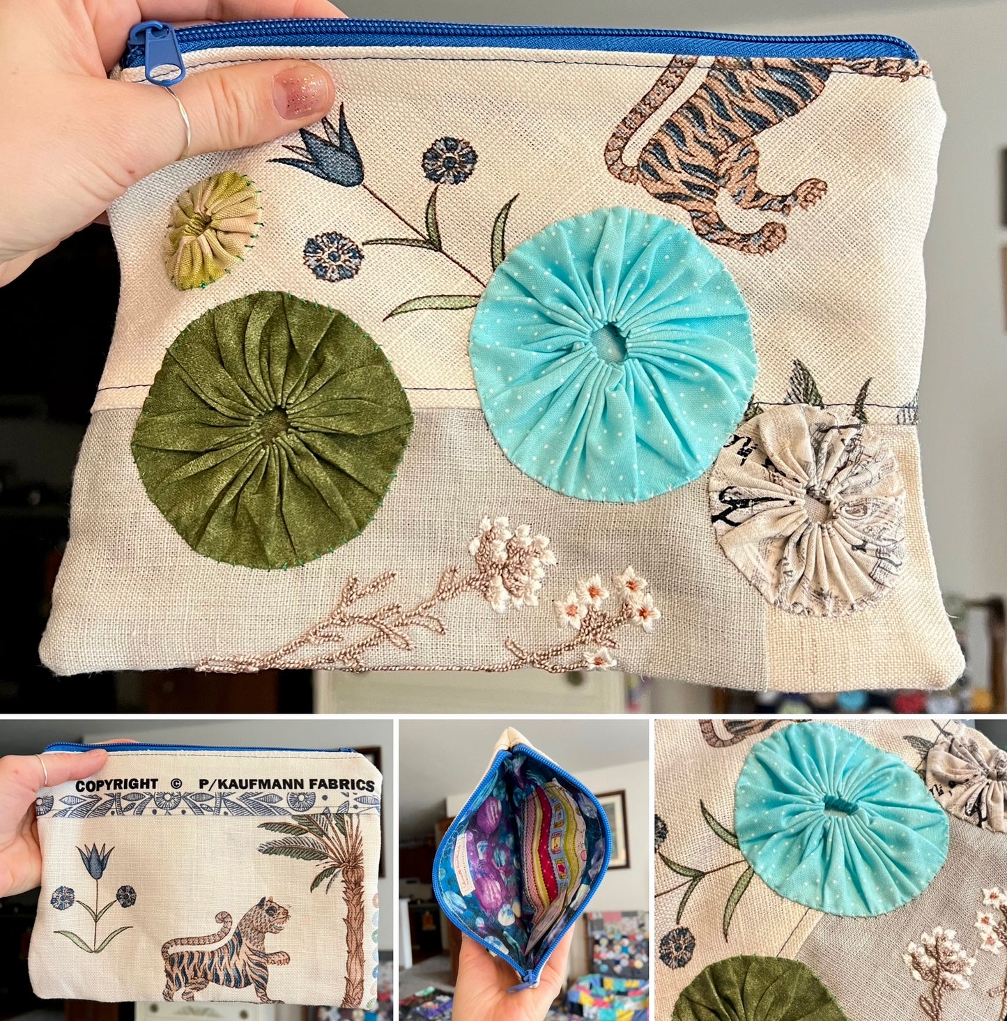 Designer Fabric Zipper Pouch - Sashiko Stitch and Scrappy Yoyos