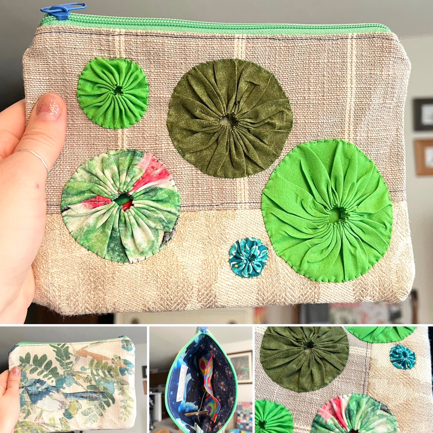 Designer Fabric Zipper Pouch - Sashiko Stitch and Scrappy Yoyos