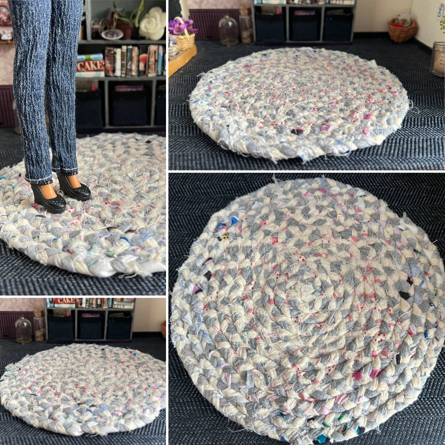 Collage of photos of a miniature braided rug in various settings, showing views of front, back, side, and with doll standing on top.