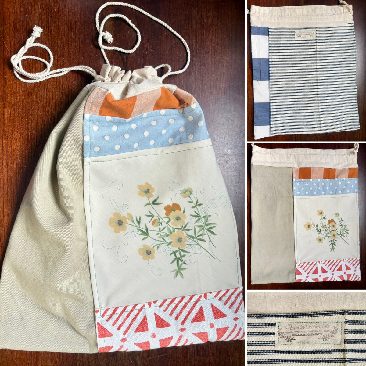 Drawstring Bag - Created From Upcycled Materials - Small Tshirt Pouch with Appliqué or Large Project Back with Patchwork