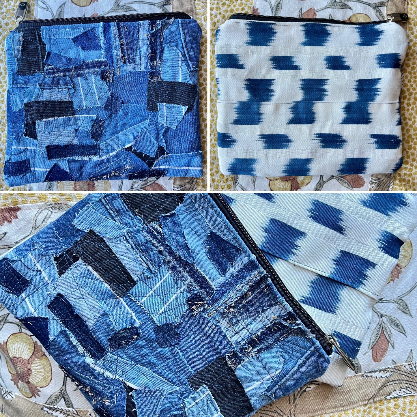Designer Fabric Zipper Pouch - Sashiko Stitch and Scrappy Yoyos