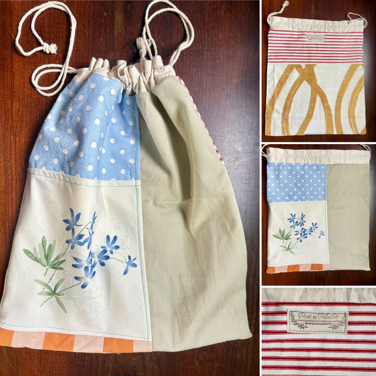 Drawstring Bag - Created From Upcycled Materials - Small Tshirt Pouch with Appliqué or Large Project Back with Patchwork