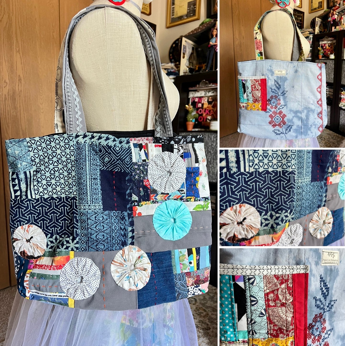 Perfectly Imperfect Tote Bags - Large Quilted - Bright Yoyos - Denim or Khaki Patchwork