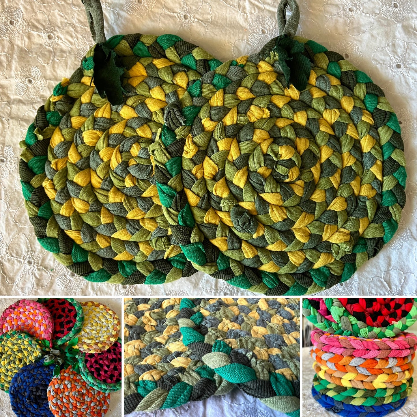 Fruity Rainbow Trivet Potholders - Handbraided & Handsewn - Set of Two