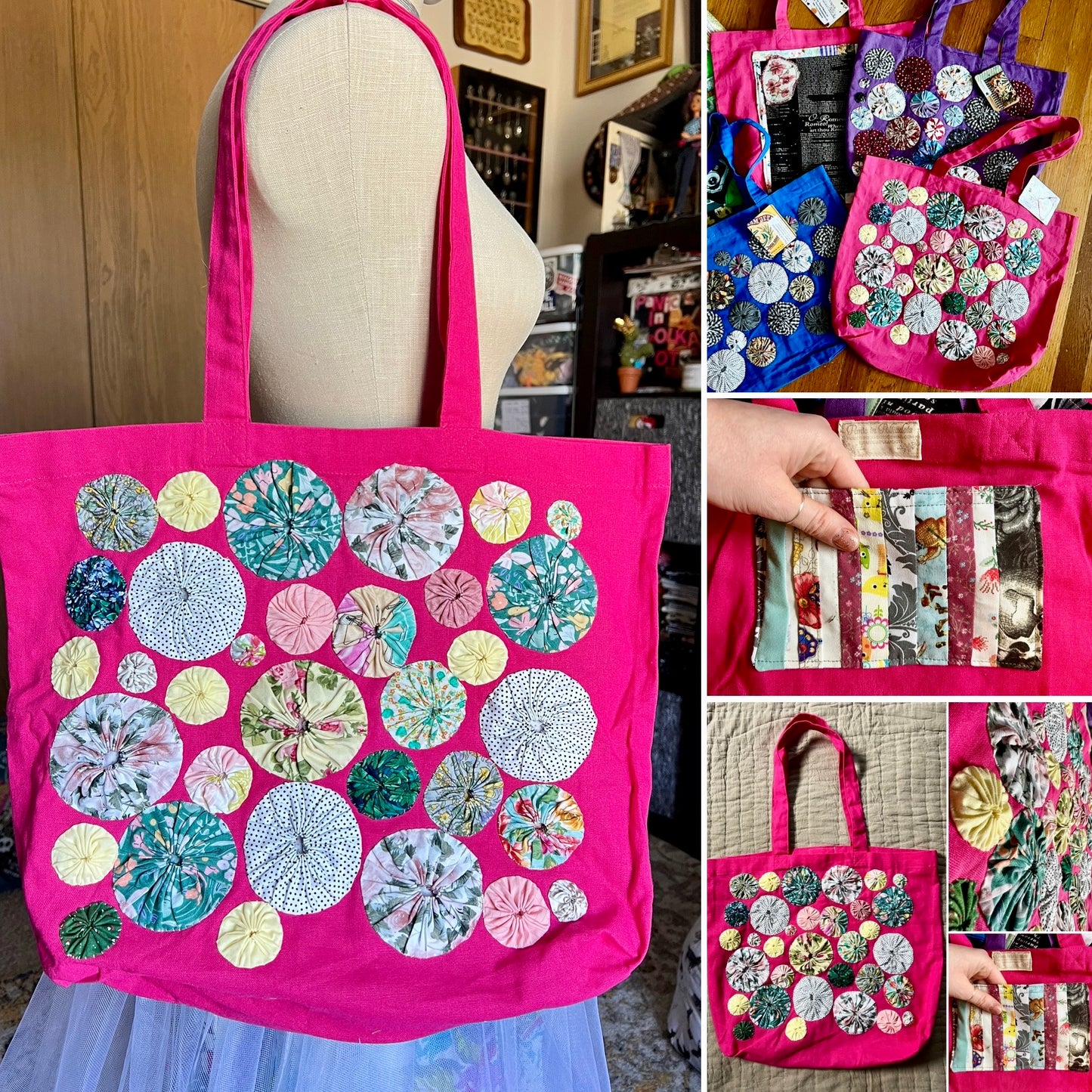 Perfectly Imperfect Tote Bags - Large Quilted - Bright Yoyos - Denim or Khaki Patchwork
