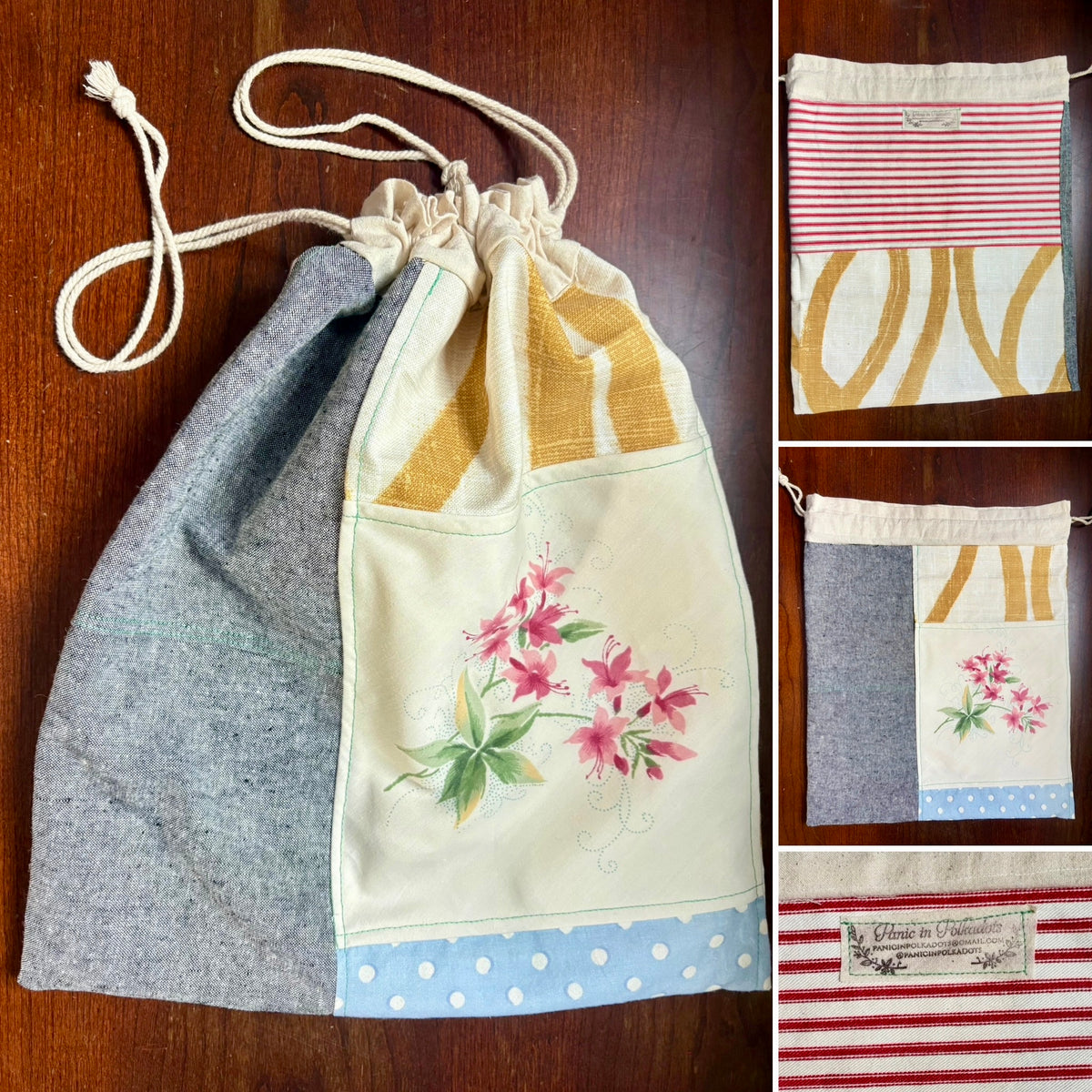Drawstring Bag - Created From Upcycled Materials - Small Tshirt Pouch with Appliqué or Large Project Back with Patchwork