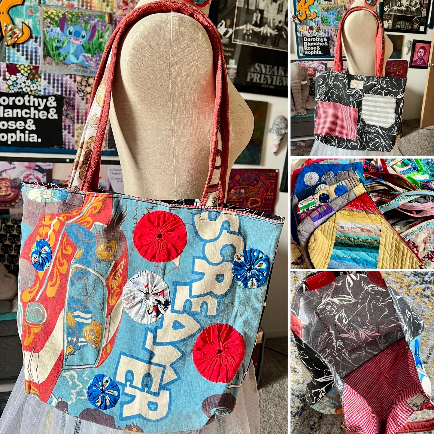 Perfectly Imperfect Tote Bags - Large Quilted - Bright Yoyos - Denim or Khaki Patchwork