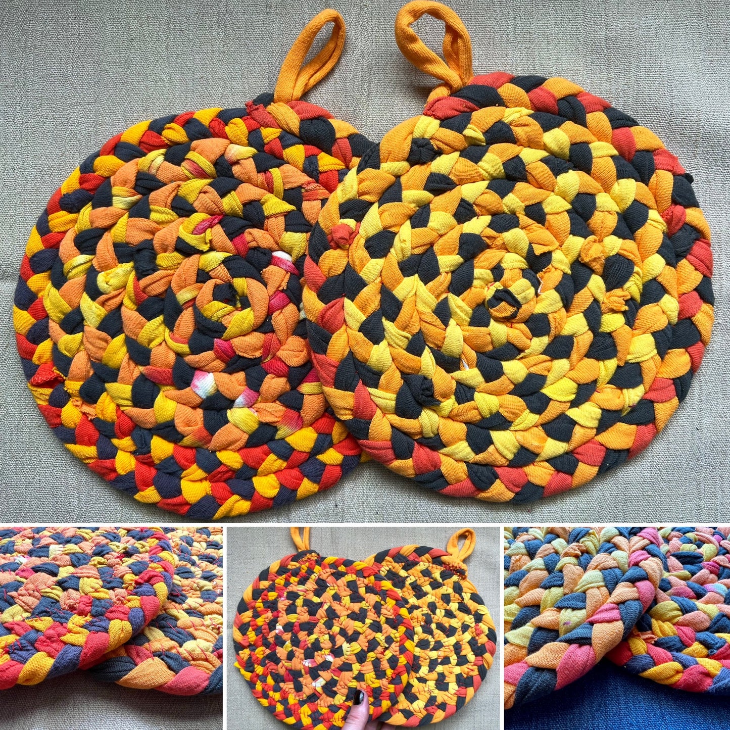 Trivet Potholders - Warm Colors Collection - Handbraided & Handsewn - Set of Two