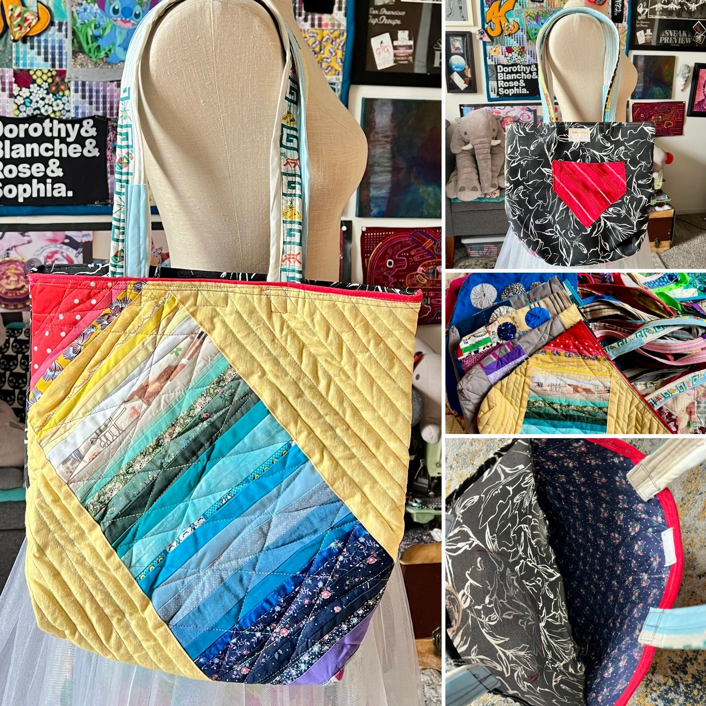 Perfectly Imperfect Tote Bags - Large Quilted - Bright Yoyos - Denim or Khaki Patchwork