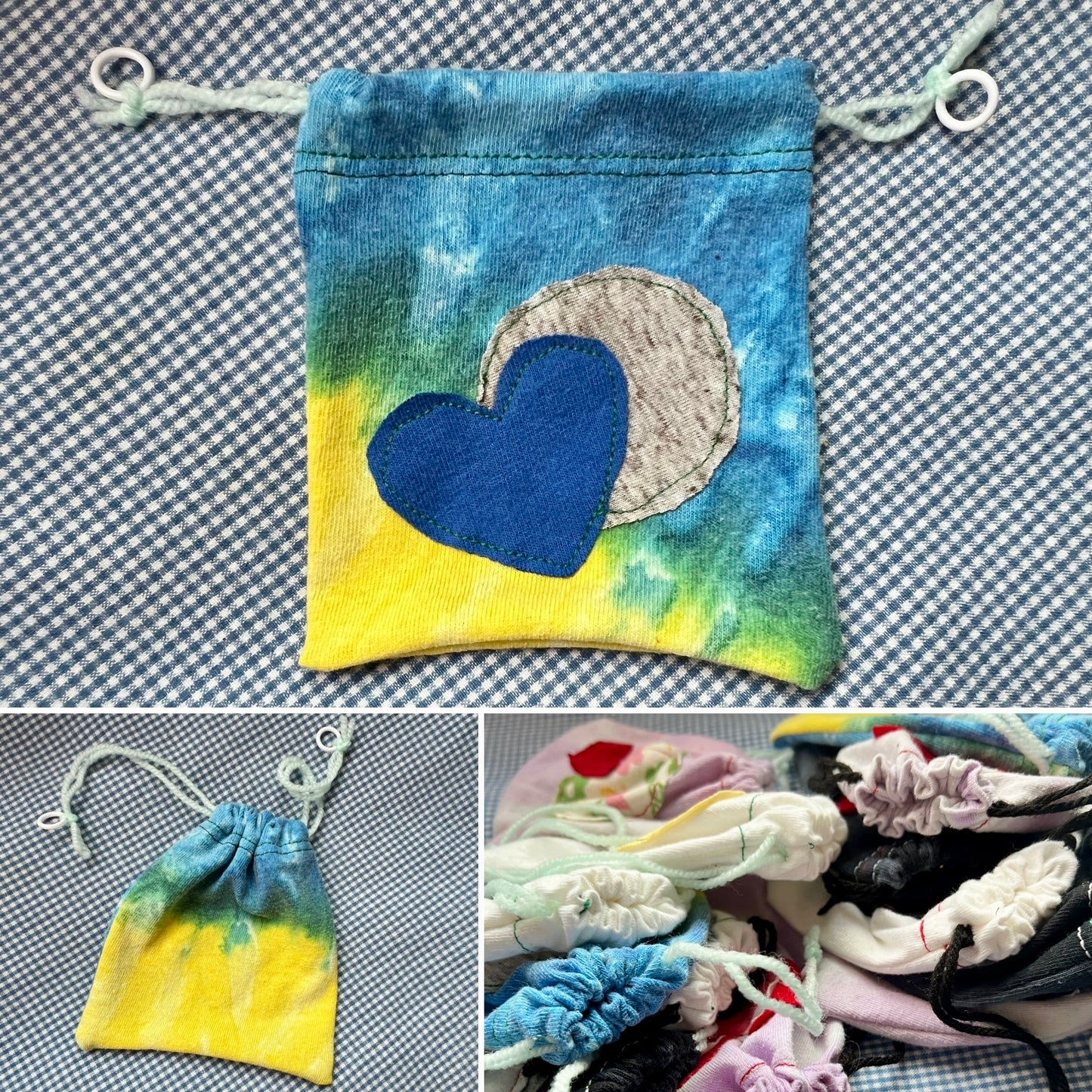 Small Drawstring Bag - Created From Upcycled Materials - Tshirt with Appliqué
