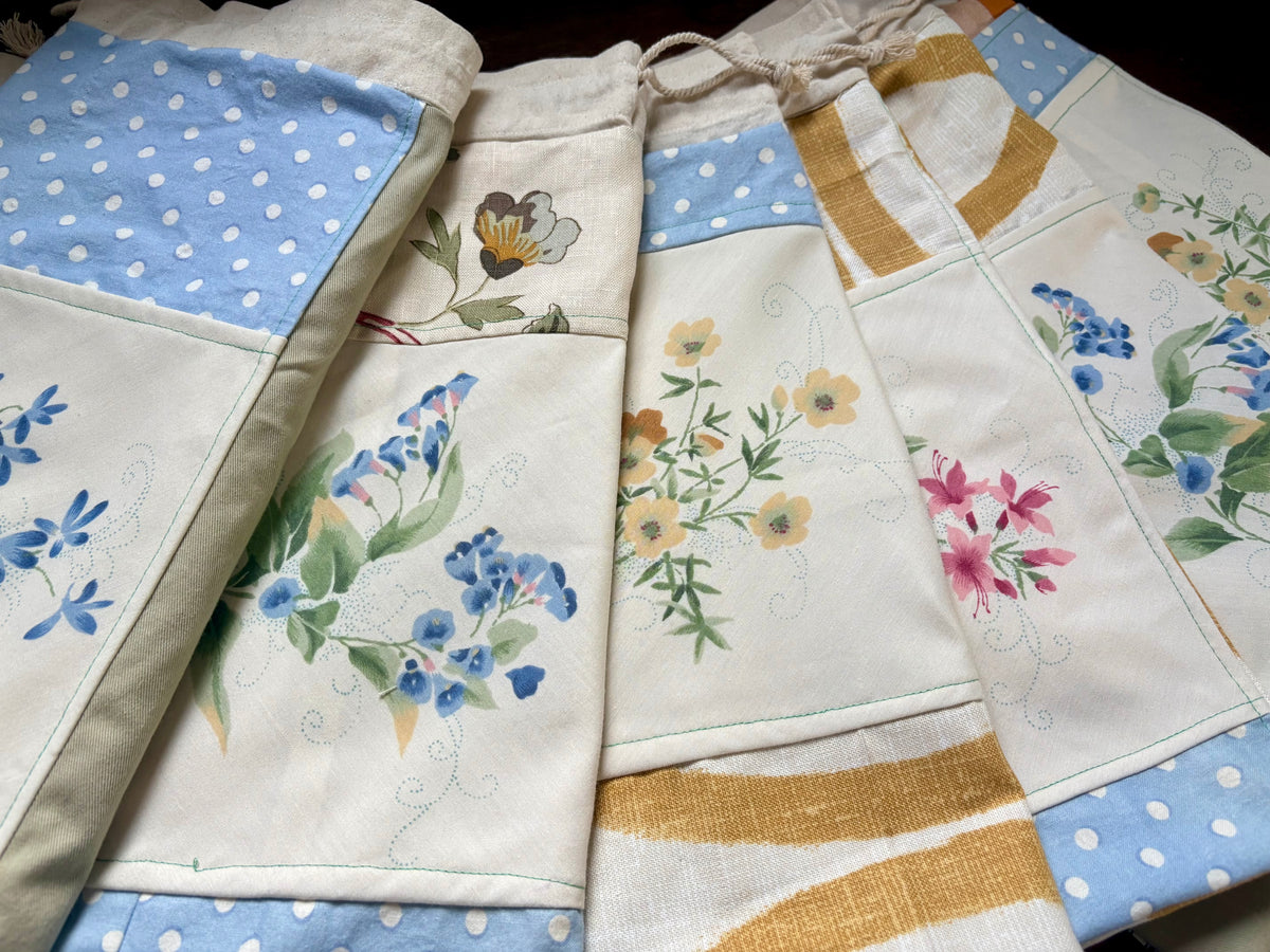 Drawstring Bag - Created From Upcycled Materials - Small Tshirt Pouch with Appliqué or Large Project Back with Patchwork