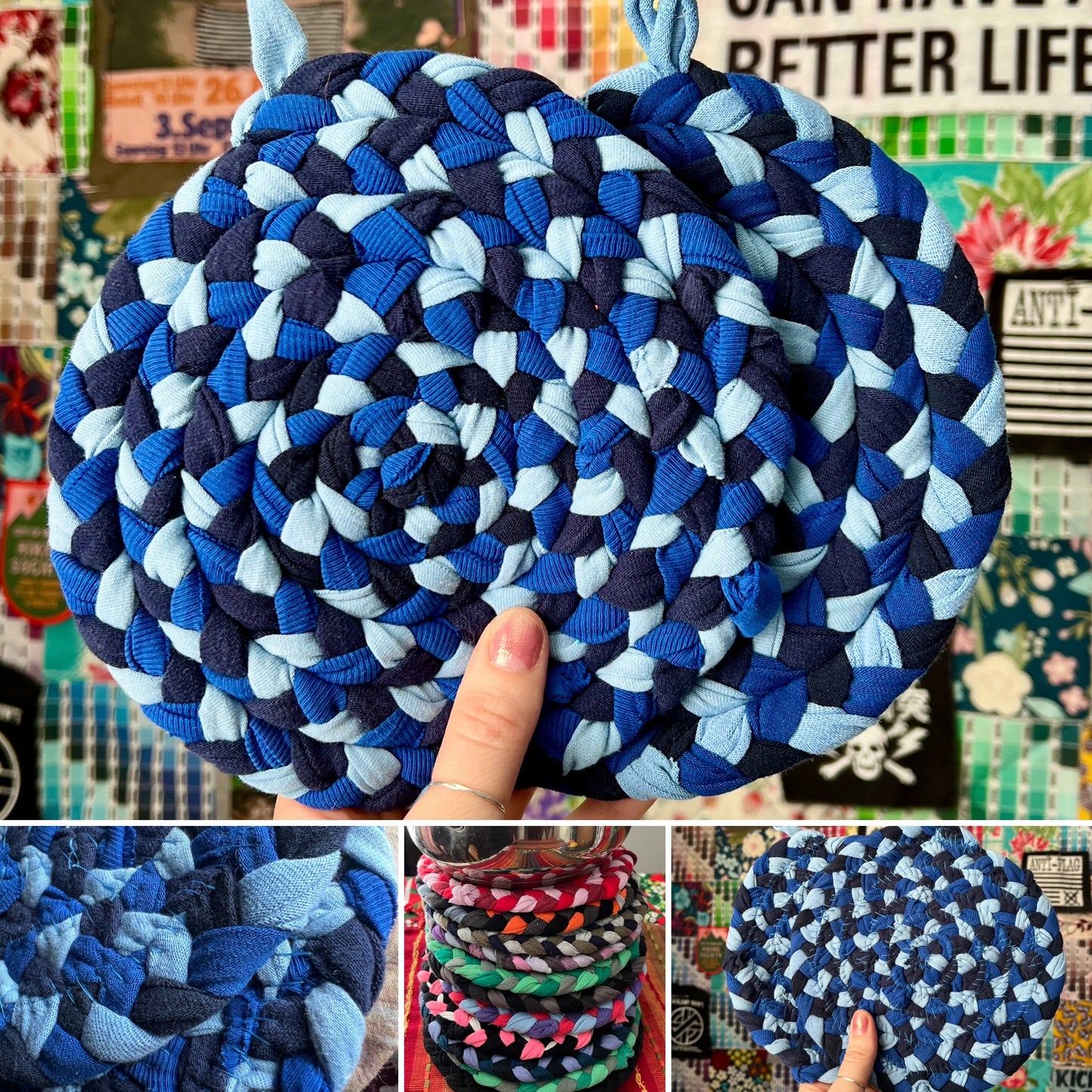 Trivet Potholders - Cool Colors Collection - Handbraided & Handsewn - Set of Two