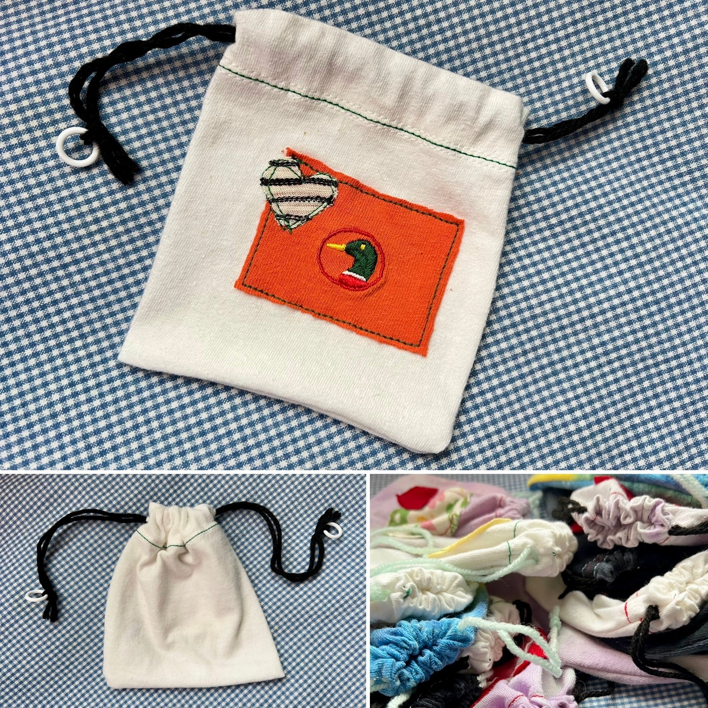 Small Drawstring Bag - Created From Upcycled Materials - Tshirt with Appliqué