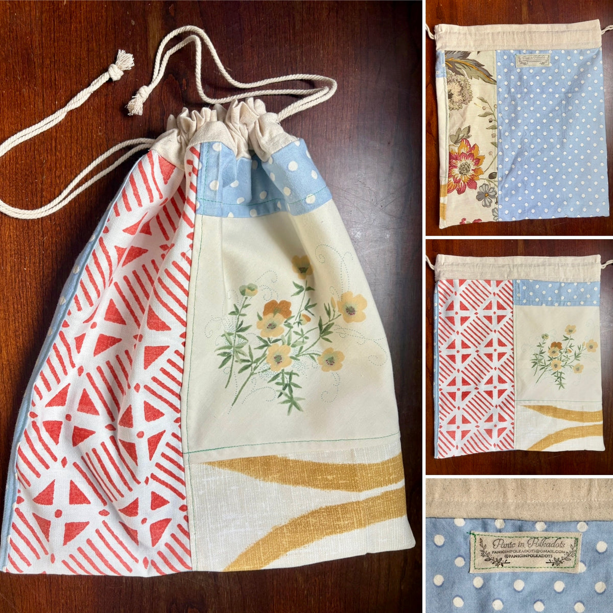 Drawstring Bag - Created From Upcycled Materials - Small Tshirt Pouch with Appliqué or Large Project Back with Patchwork