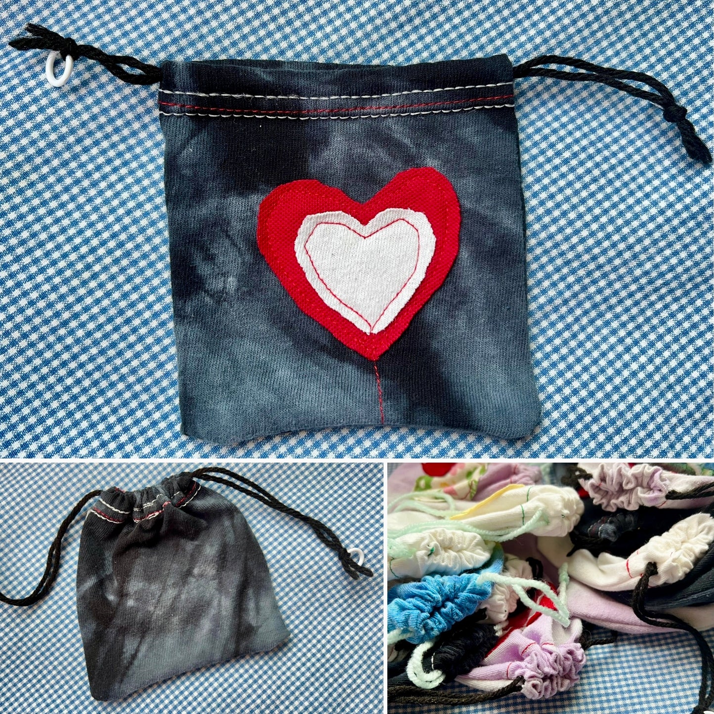 Small Drawstring Bag - Created From Upcycled Materials - Tshirt with Appliqué