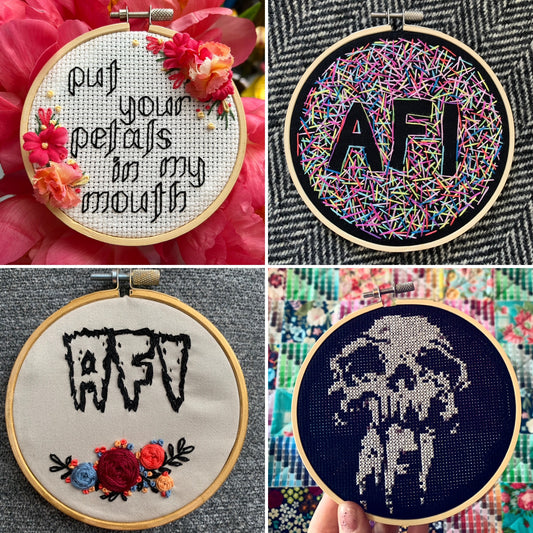 Various AFI embroidery hoops I have created, perfect display items for the best band ever A Fire Inside