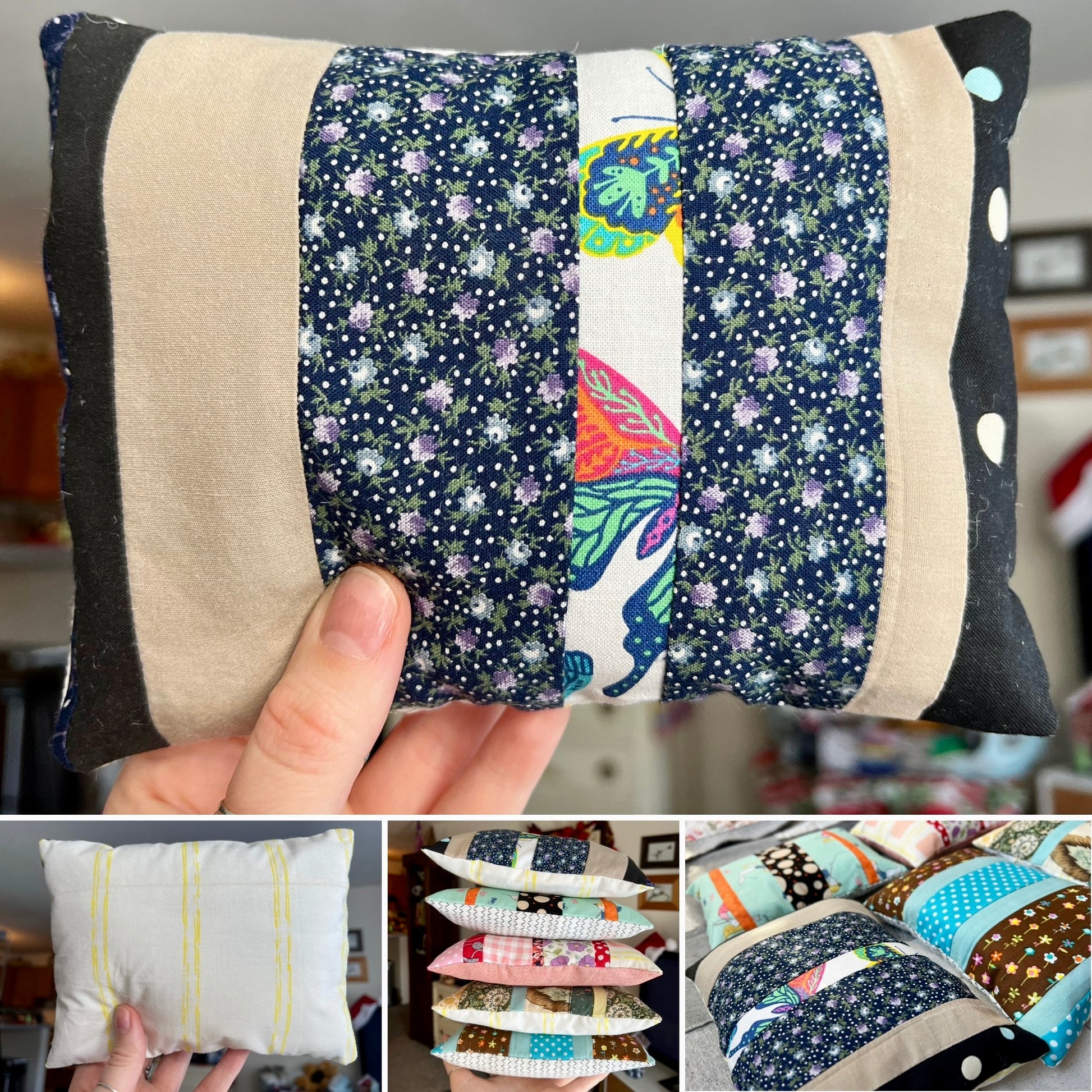 Collage of pictures of a patchwork pillow held by a hand with views of front, back, and additional pillows in the background.