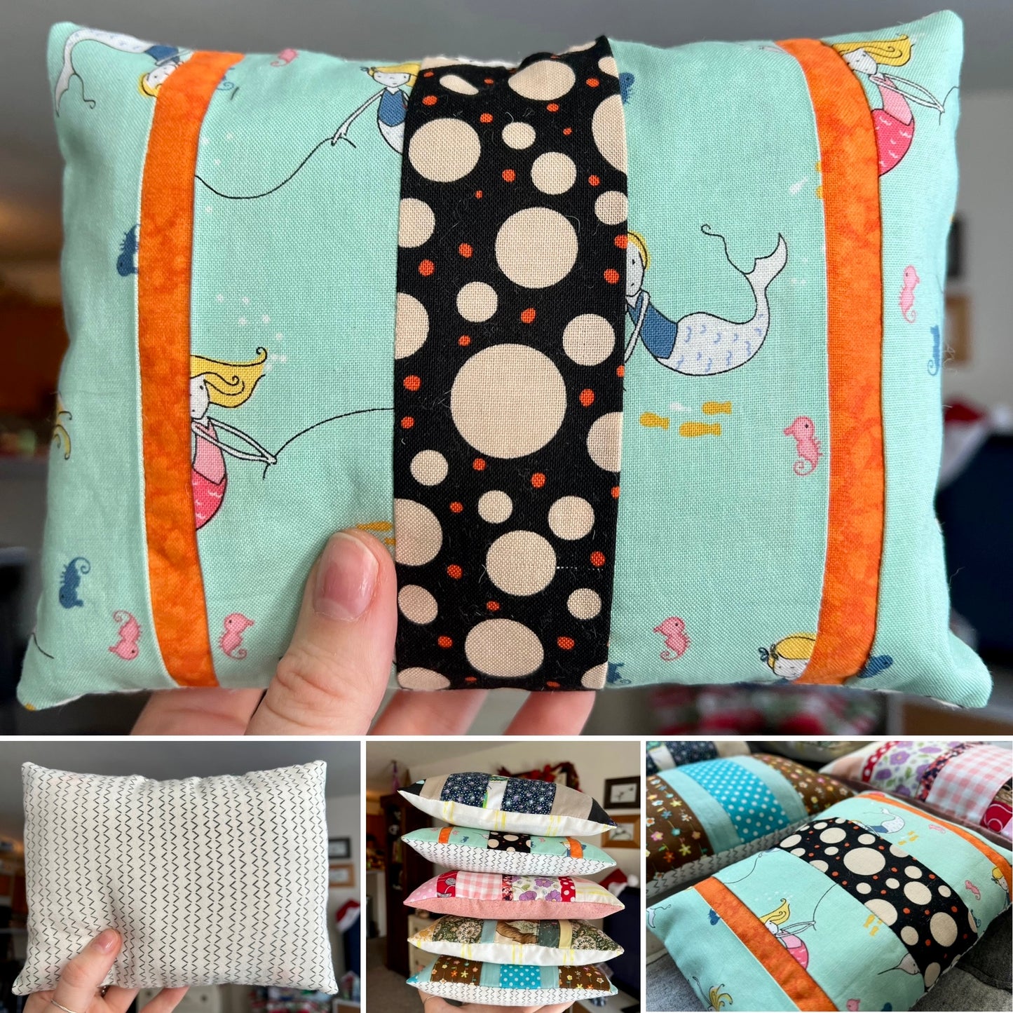 Collage of pictures of a patchwork pillow held by a hand with views of front, back, and additional pillows in the background.