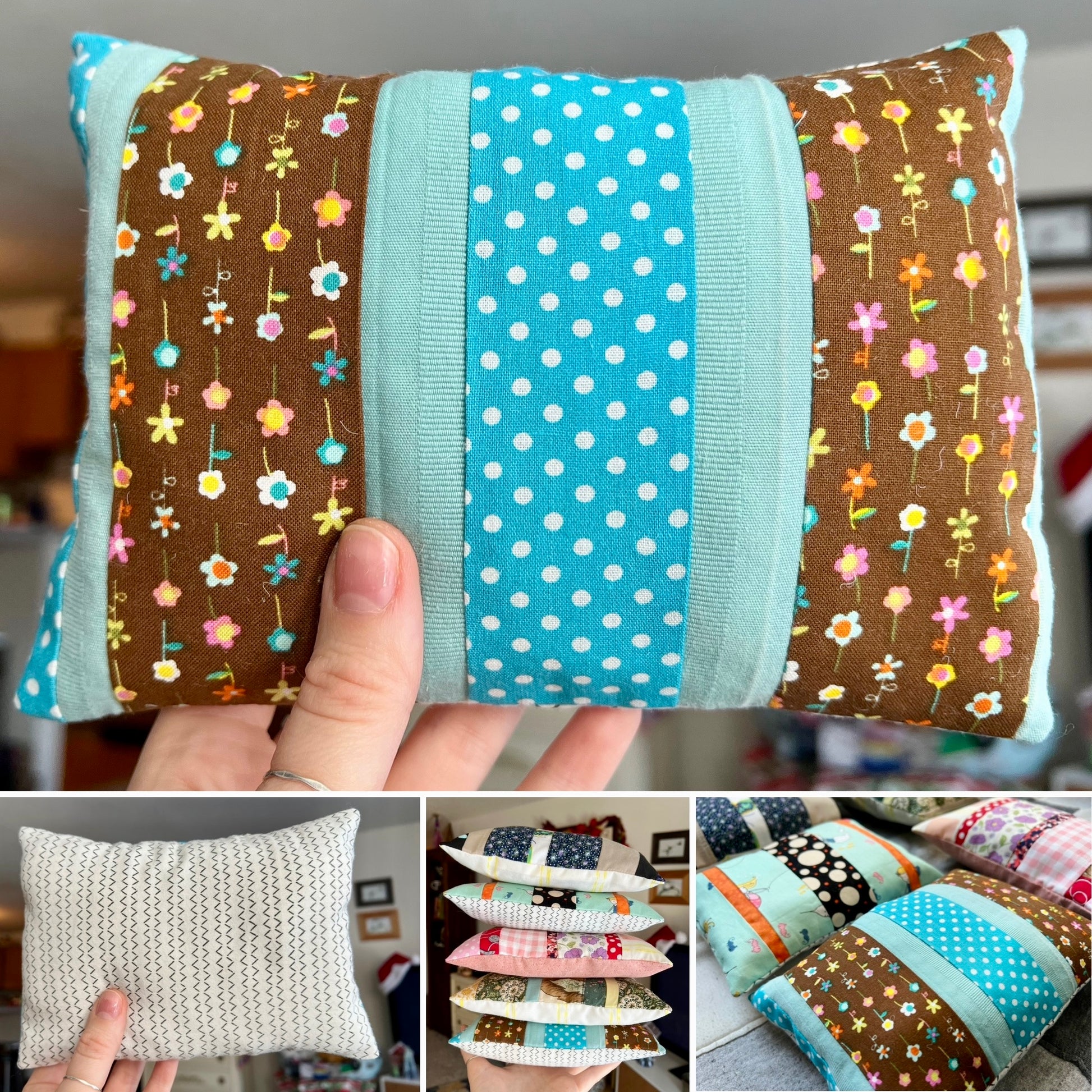 Collage of pictures of a patchwork pillow held by a hand with views of front, back, and additional pillows in the background.