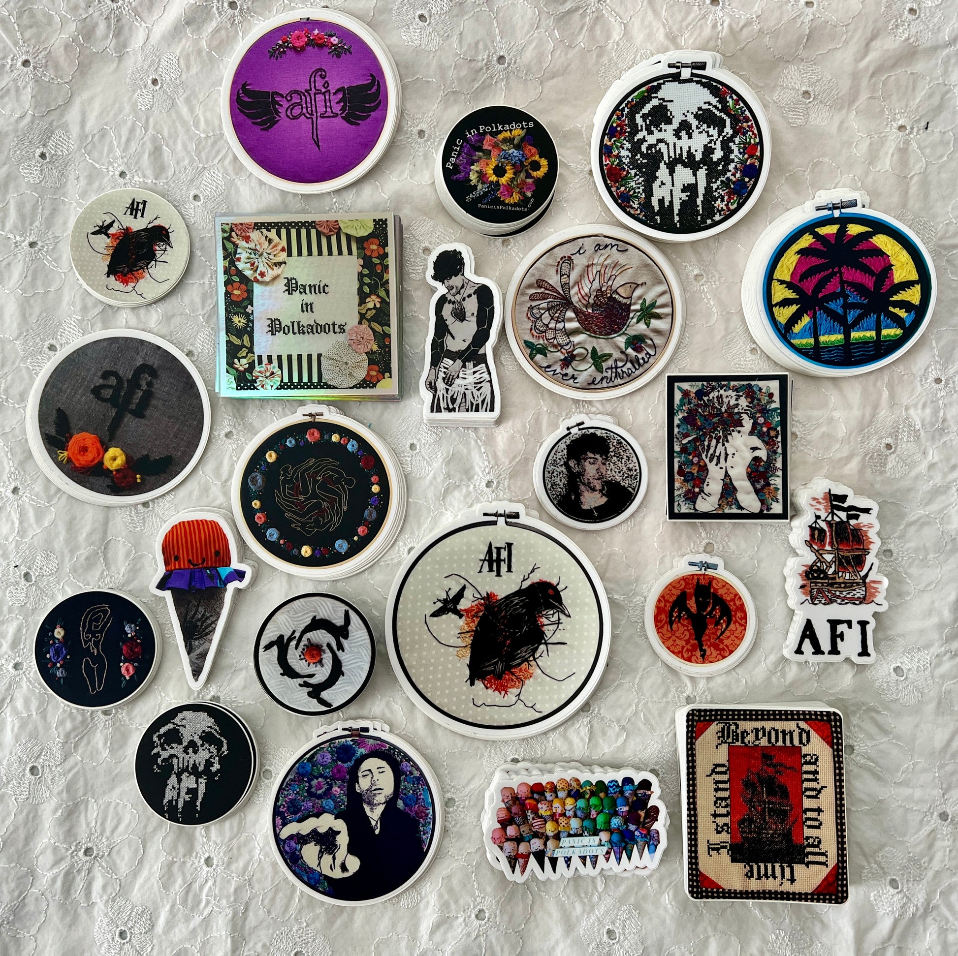 A group of various stickers, all designed by Panic in Polkadots, mostly AFI, Davey Havok, Blaqk Audio, and various lyrics