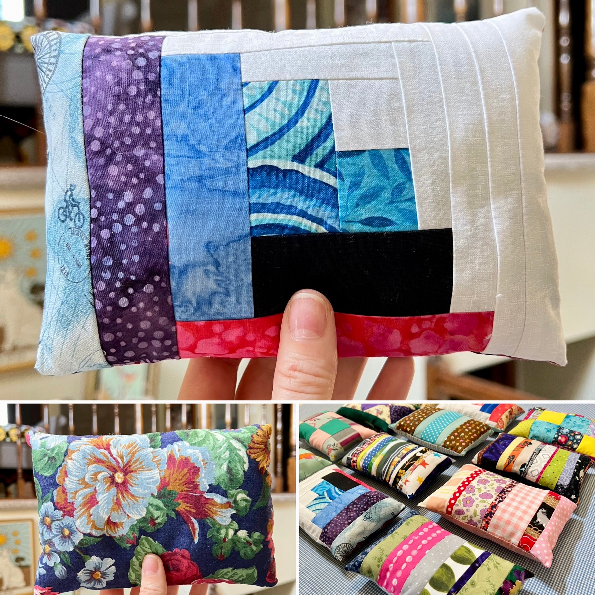 A collage showing a small rectangular patchwork fabric pillow being held by a hand, with close-up views of its floral pattern and a row of other colorful patchwork pillows in the background.