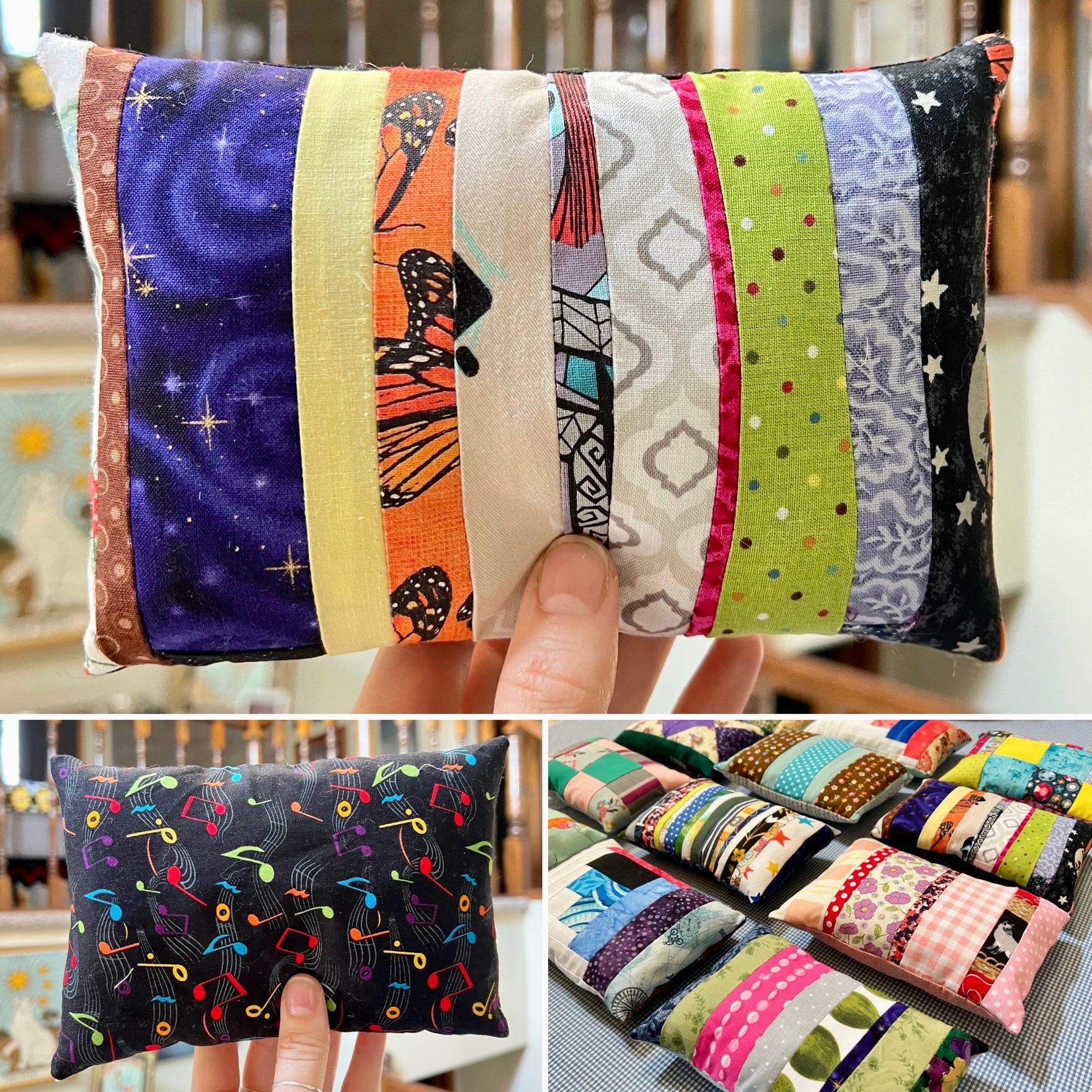 A collage showing handmade rectangular fabric pillows. The top panel shows a pillow held in a hand with vertical striped fabric panels in purple, orange, beige, gray, green, and black.