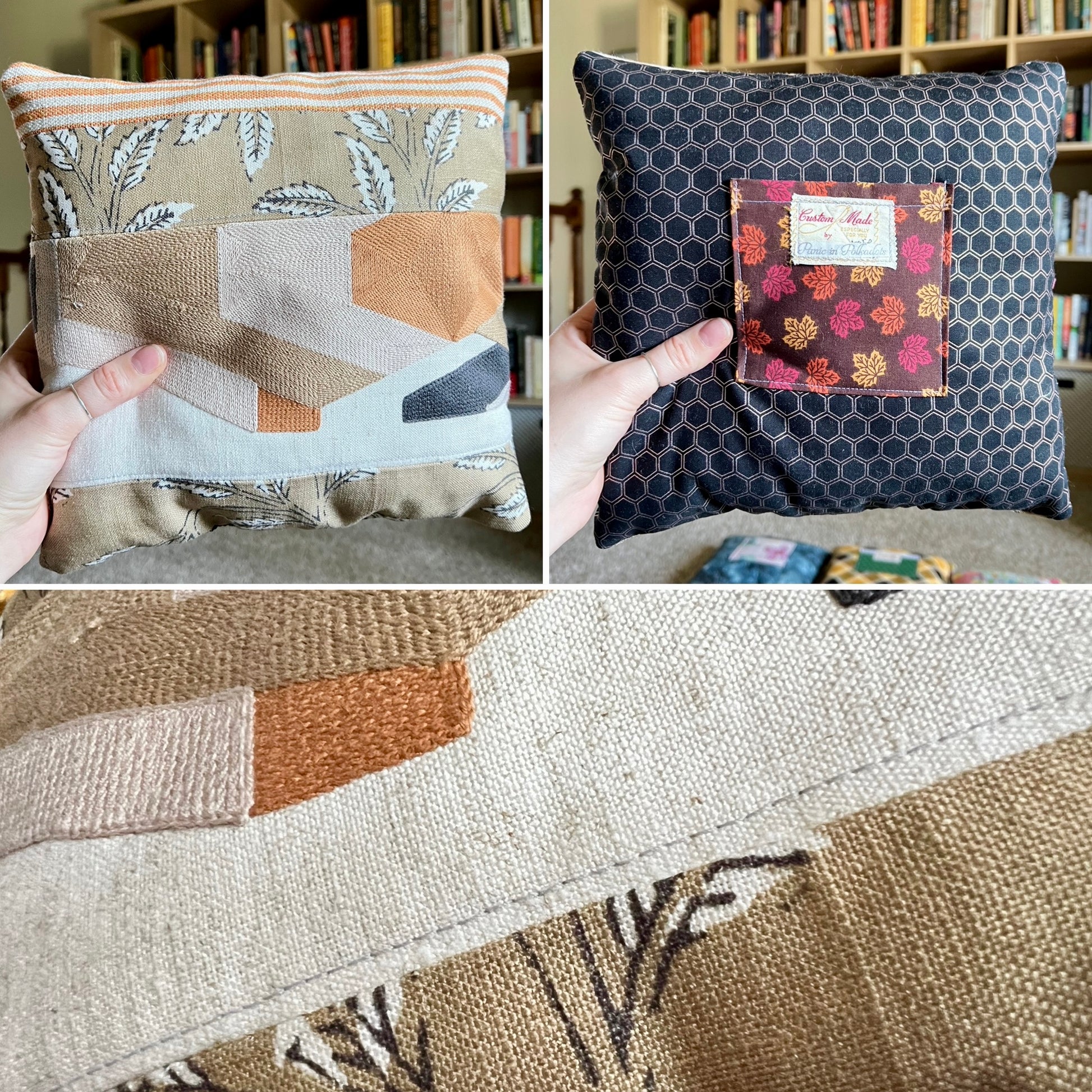 A three-panel collage showing a handmade patchwork pillow being held by hands, with a close-up detail panel of the fabric texture and stitching. The top-left panel shows a beige patchwork front  with leaf patterns and geometric shapes.