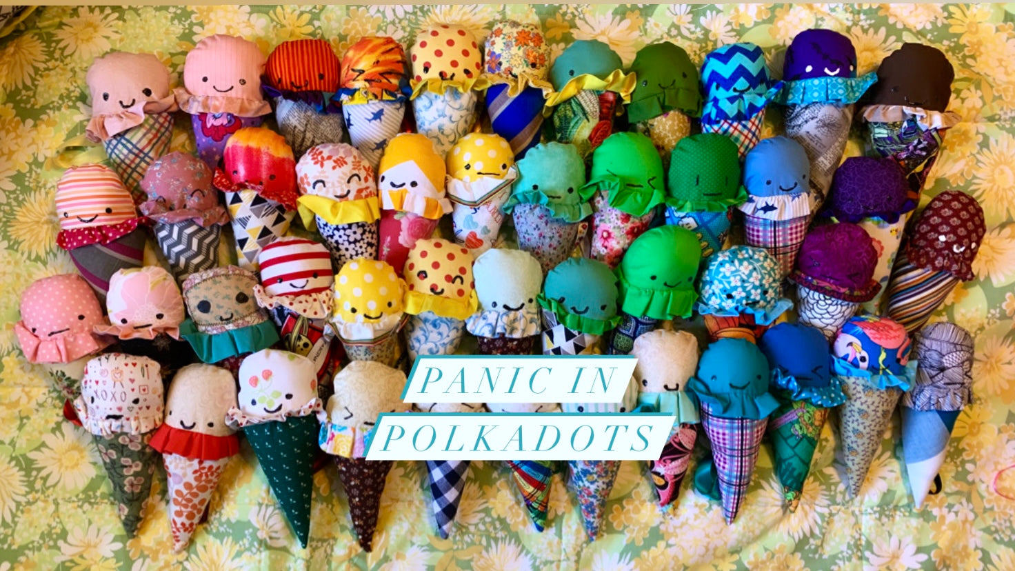 Group of Ice Cream Cone plushies by Panic in Polkadots. 