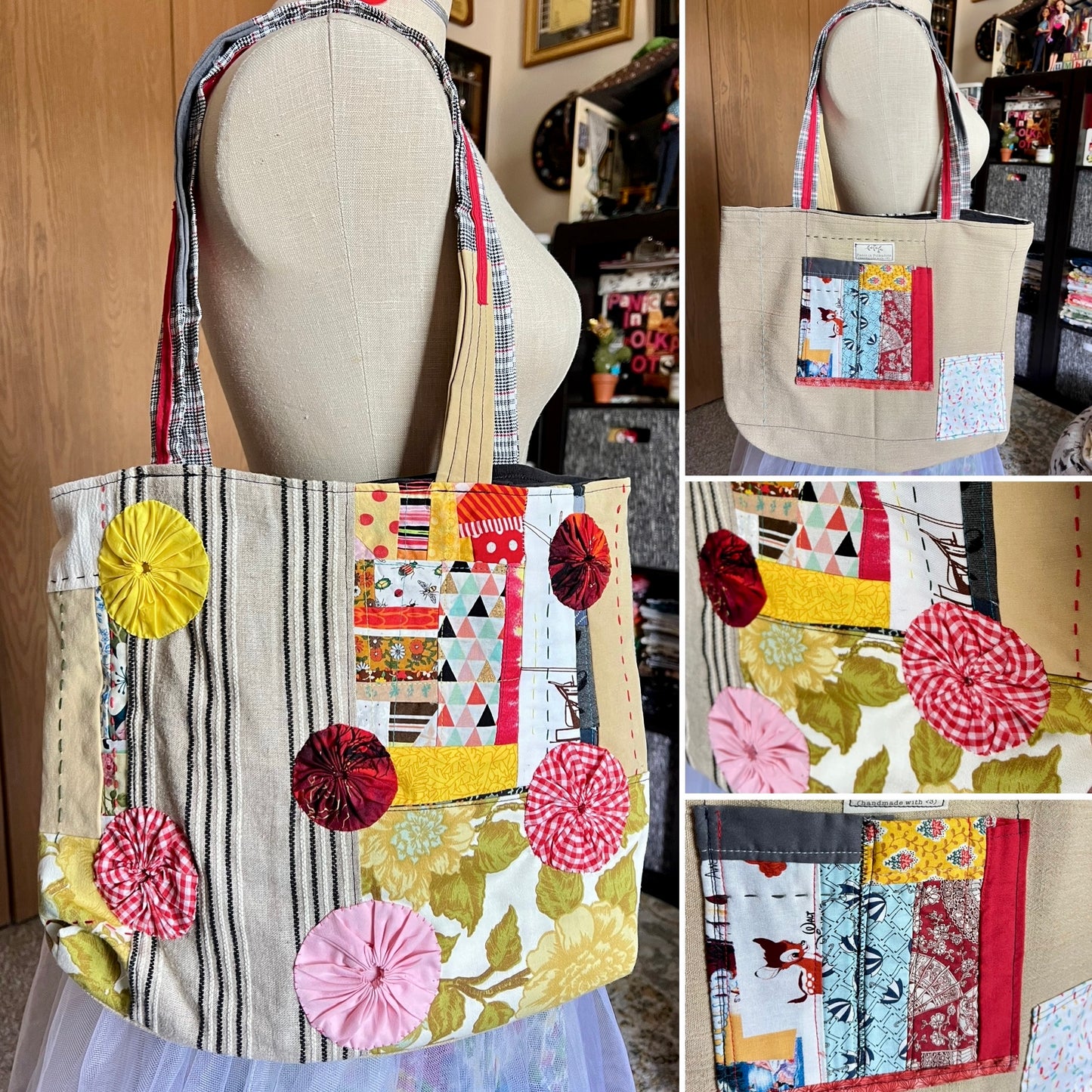 Perfectly Imperfect Tote Bags - Large Quilted - Bright Yoyos - Denim or Khaki Patchwork