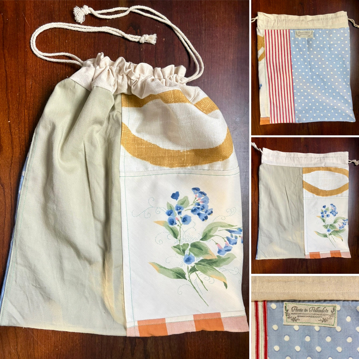 Drawstring Bag - Created From Upcycled Materials - Small Tshirt Pouch with Appliqué or Large Project Back with Patchwork