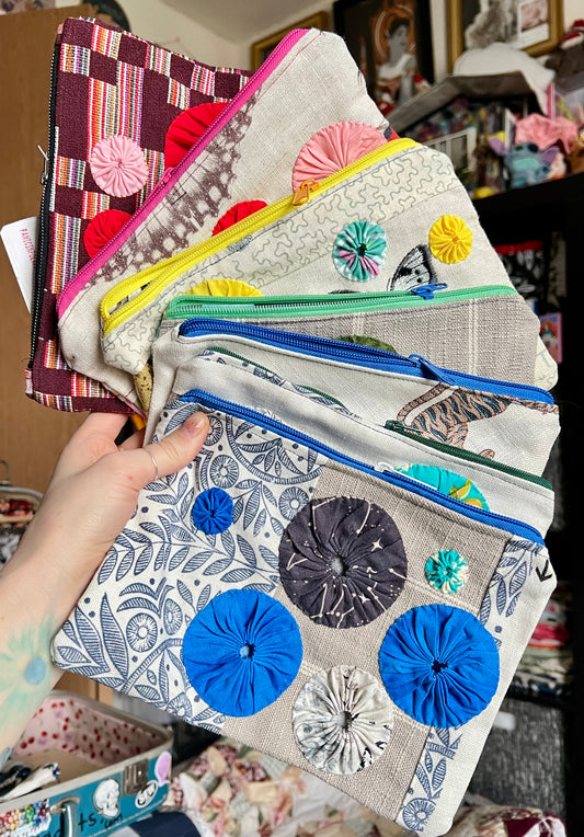 Designer Fabric Zipper Pouch - Sashiko Stitch and Scrappy Yoyos