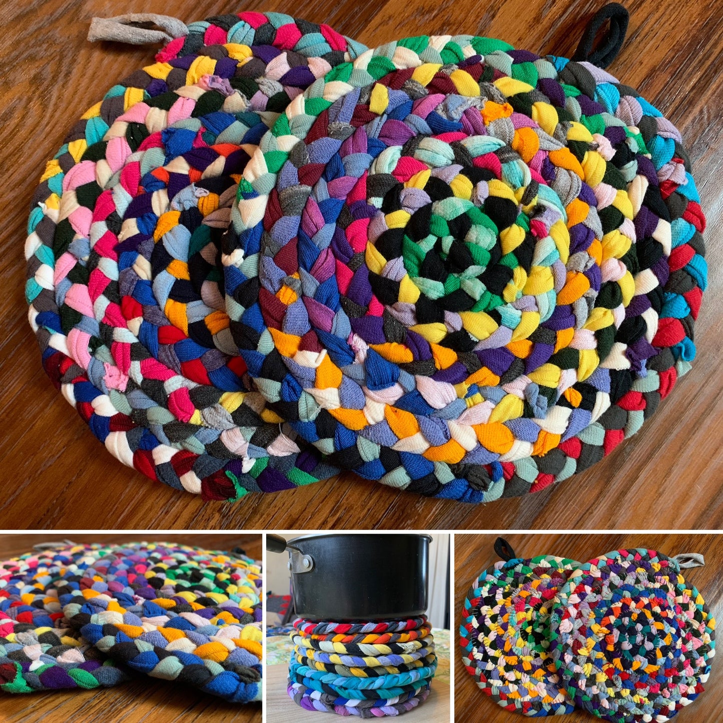 Fruity Rainbow Trivet Potholders - Handbraided & Handsewn - Set of Two