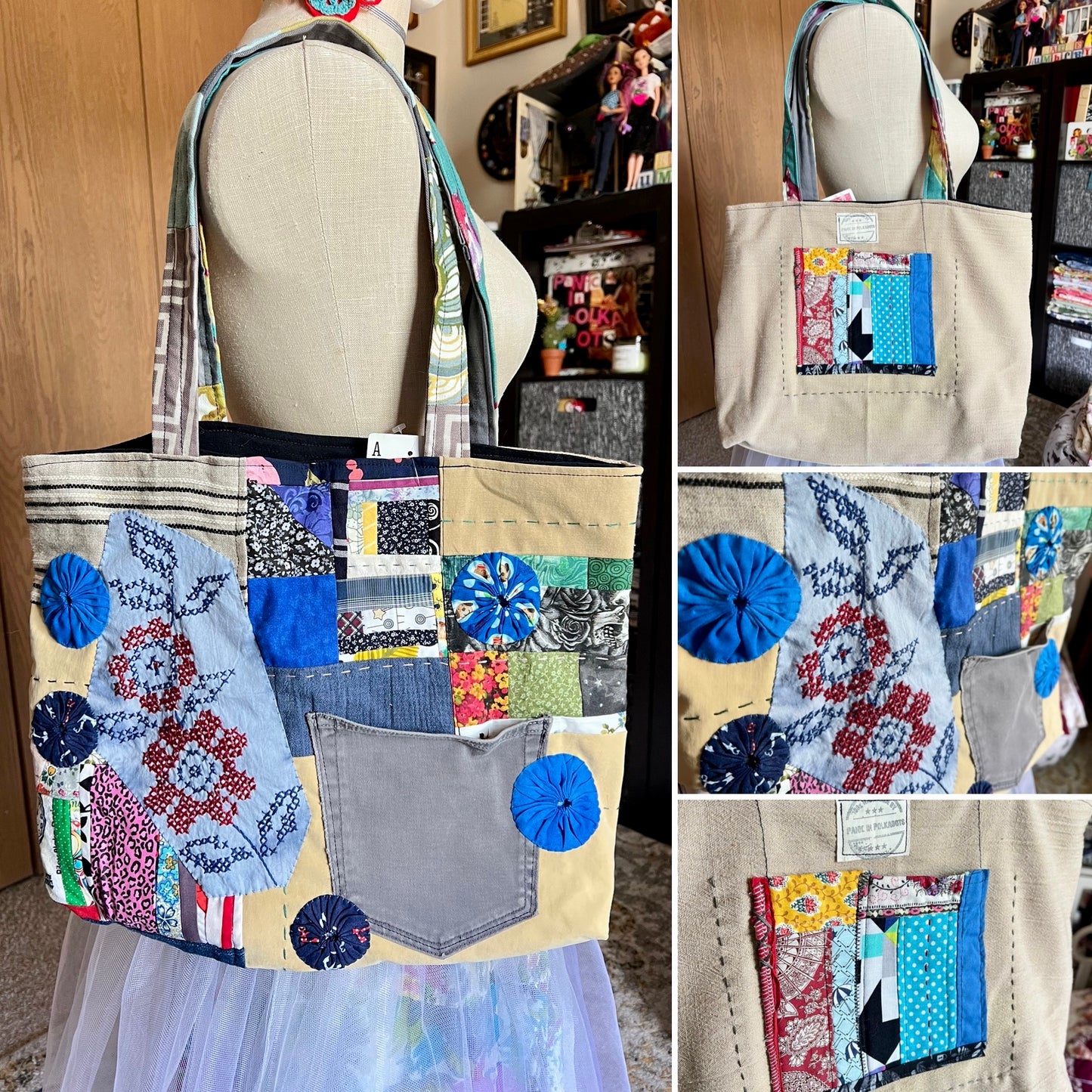 Perfectly Imperfect Tote Bags - Large Quilted - Bright Yoyos - Denim or Khaki Patchwork